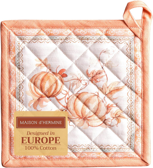 Maison d' Hermine Pot Holders 100% Cotton Heat Resistant Potholders 8" x 8" Hot Pads with Loop BBQ, Cooking, Baking, Grilling, Kitchen, Handling Hot Pans (Pack of 1, Giving Thanks)