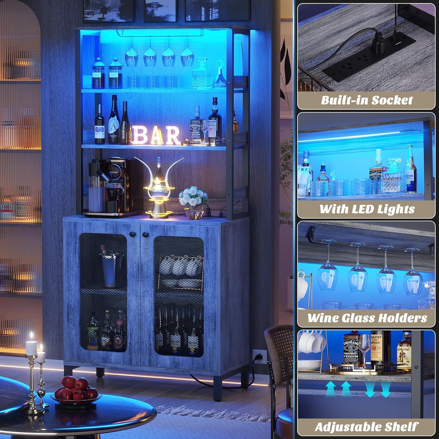 Aheaplus Bar Cabinet with Power Outlets, 67" Tall Wine Bar Cabinet Liquor Cabinet with LED Lights and Glass Holder, Coffee Bar Station for Living Room, Microwave Stand Bakers Rack Cabinet, White Oak