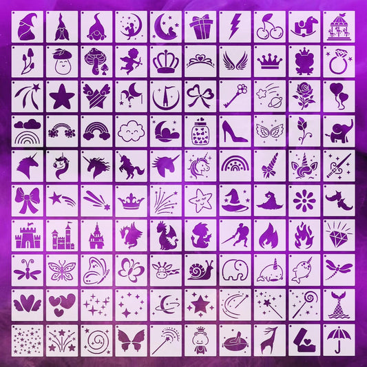 Fainne 100 Pcs Stencils for Painting on Wood Reusable Stencil Crafts Drawing Templates Holiday Wall Paper for DIY Scrapbook Home 2 x 2 Inch (Girls Theme)
