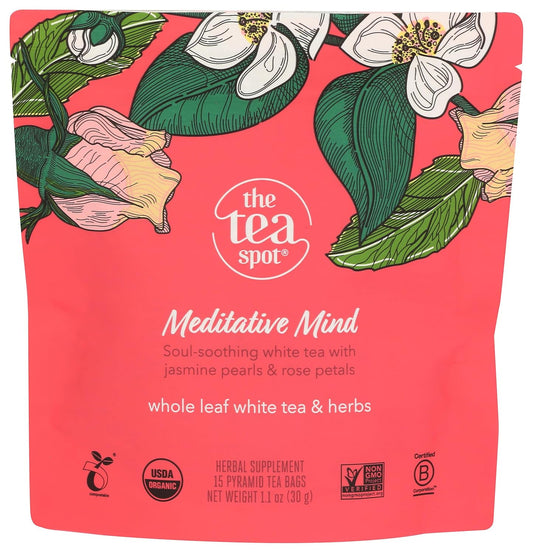 The Tea Spot Organic Meditative Mind Herbal Tea | Blend of White Tea, Jasmine and Rose | Calming & Welness Caffeine Free Elixir |15 tea bags for Gourmet Giftng