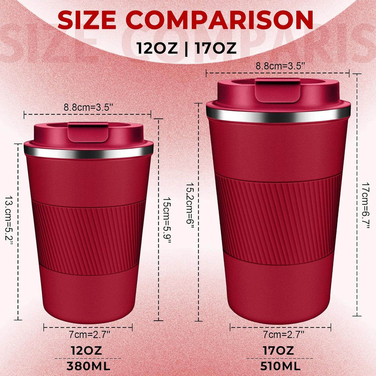 Insulated Coffee Tumbler 12 oz, Stainless Steel Coffee Mug with Lids, Travel Coffee Mug Leak Proof, Double Wall Vacuum Insulated Reusable Iced Coffee Cup, Keep Drinks Hot and Cold (Red, 17 Ounces)