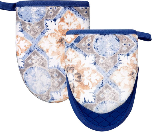 Mini Silicone Oven Mitts, Heat and Slip Resistant Kitchen Mittens 2-Pack Set, Vintage Carpet Flower Short Soft Oven Gloves, Flexible Thick Pot Holders for Safe Cooking Baking and (Dusty Blue)