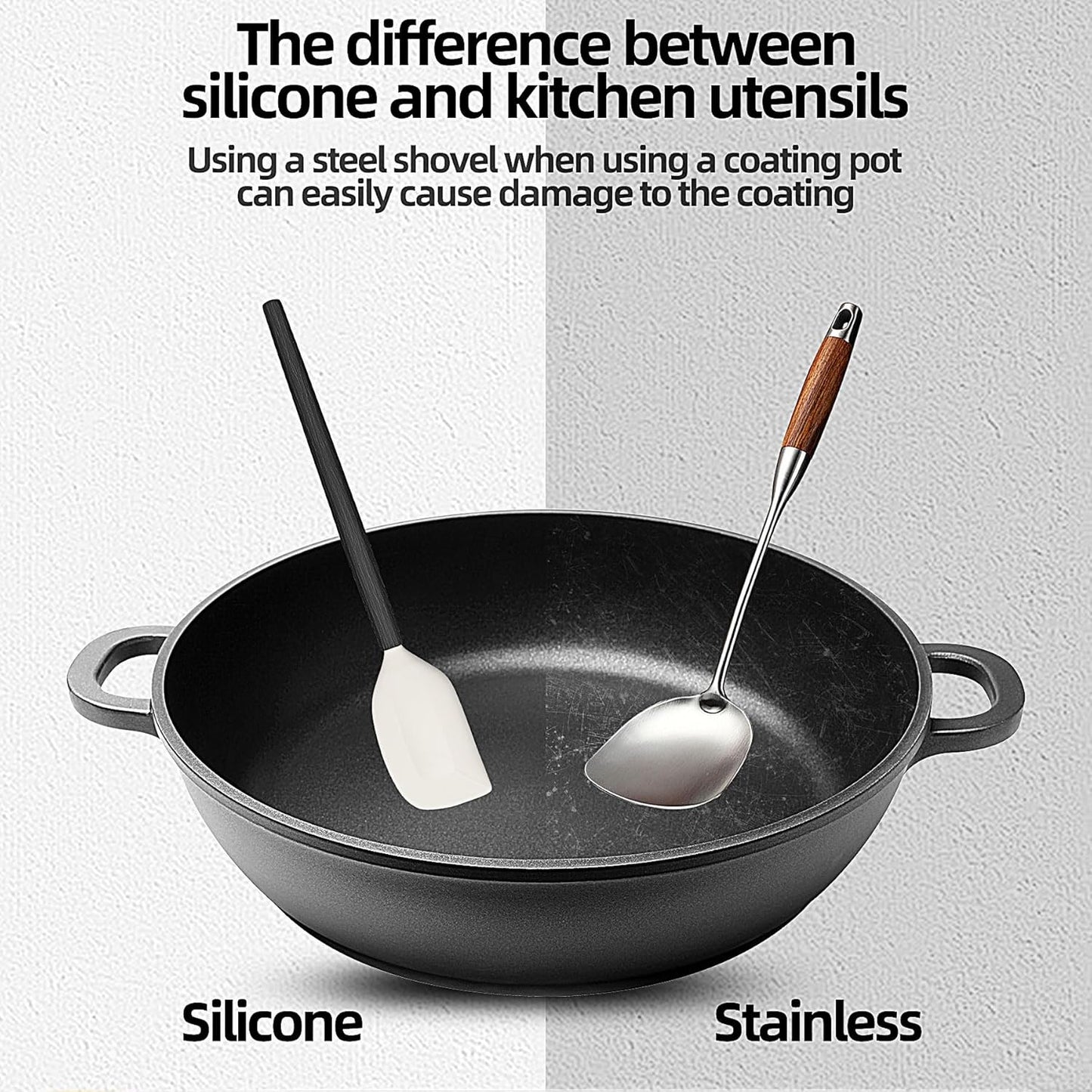 Wooden Handle Silicone Rubber Spatula Set for Kitchen Baking, Cooking, and Mixing High Heat Resistant Non Stick Dishwasher Safe BPA-Free Black+blue Set of 2 (Black Wooden Handle Spatula 4P)