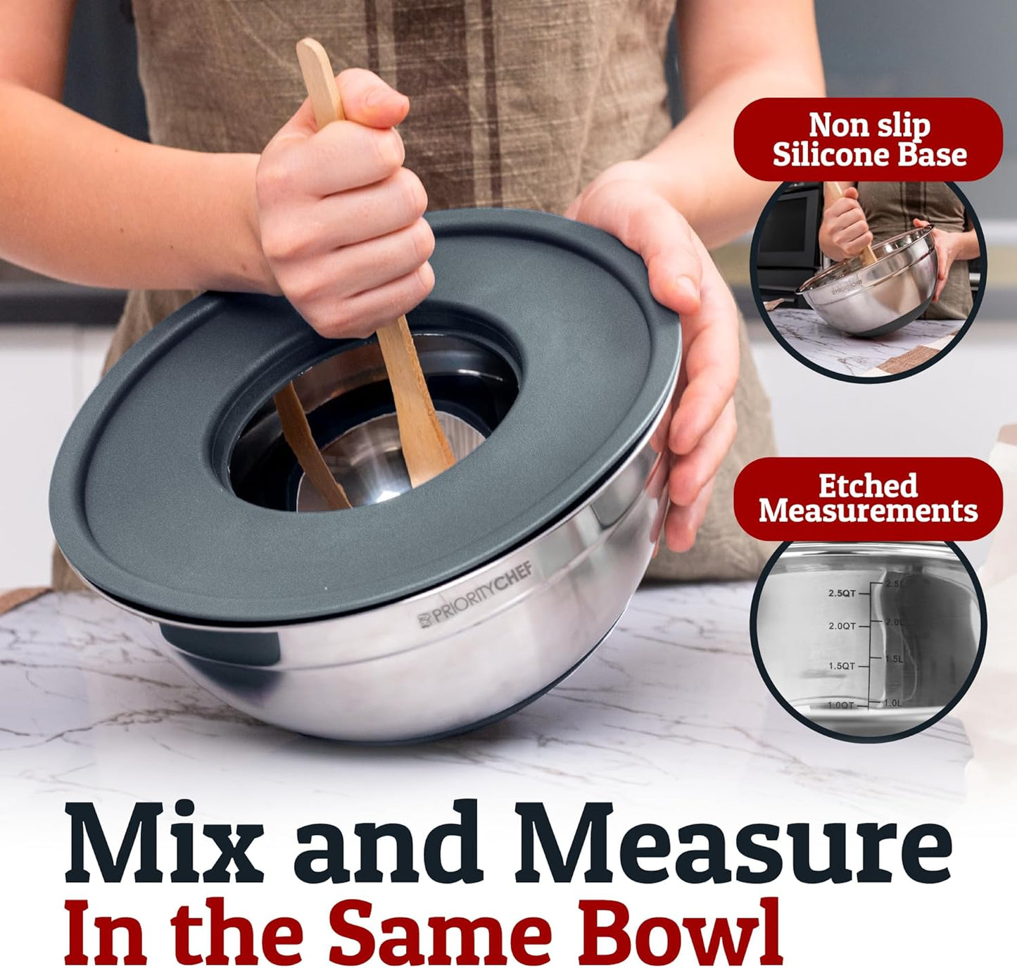 Priority Chef 6Pc Large Mixing Bowls With Lids Set with Non-Slip Bases, Stainless Steel Mixing Bowl Set, 6 Airtight Lids and 3 Graters, Grey