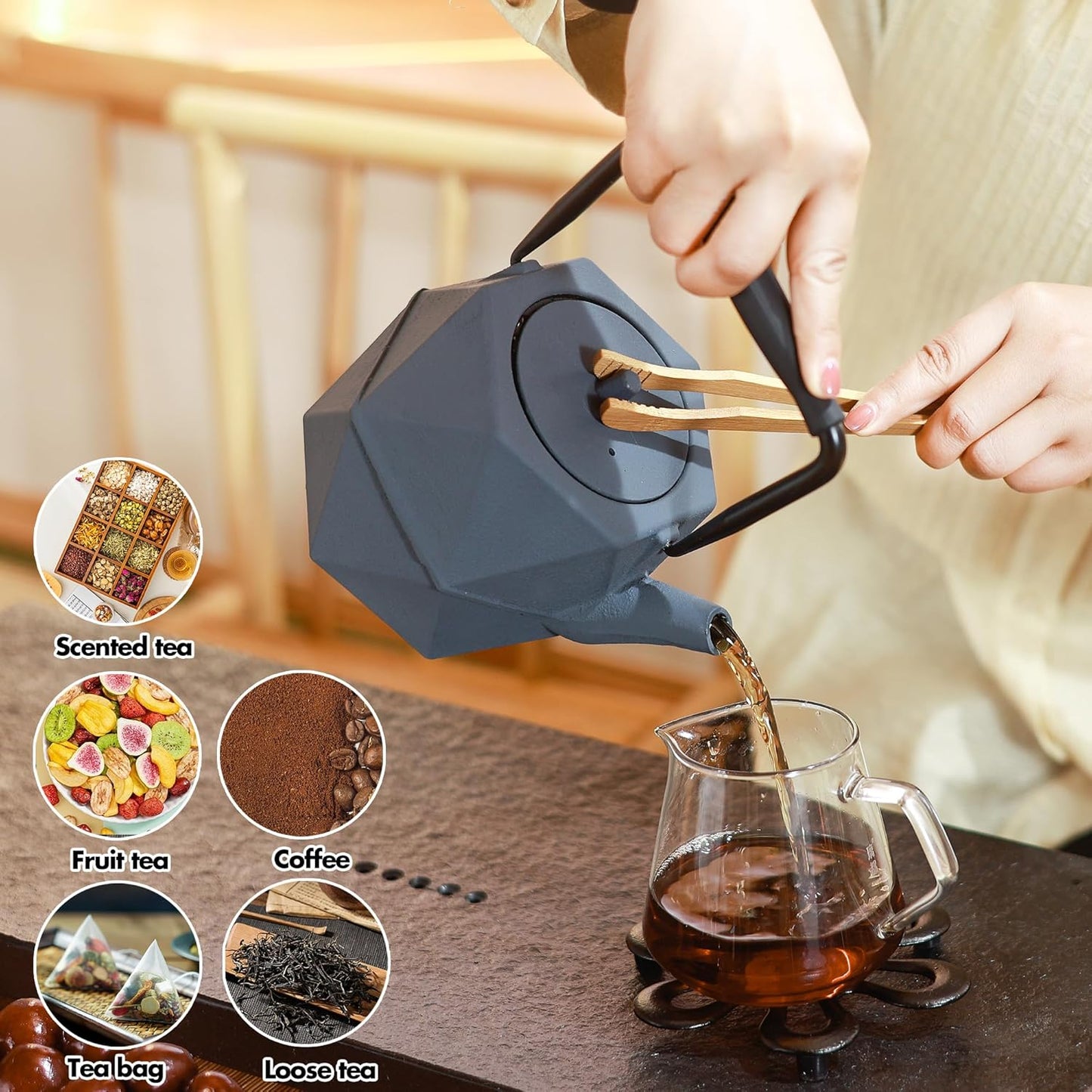 Cast Iron Teapot, 35oz Tea Kettle Stovetop Safe with Infuser for Tea Coffee, Japanese Minimalist Diamond Pattern Tea Pot with Enameled Interior, 1000ml Grey