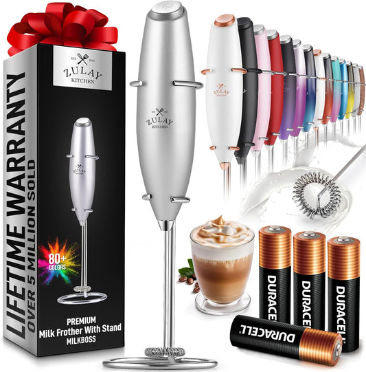 Zulay Kitchen Powerful Milk Frother Wand With 4 AA Duracell Batteries - Ultra Fast Handheld Drink Mixer - Electric Whisk Foam Maker for Coffee, Lattes, Cappuccino, Matcha & Creamer -