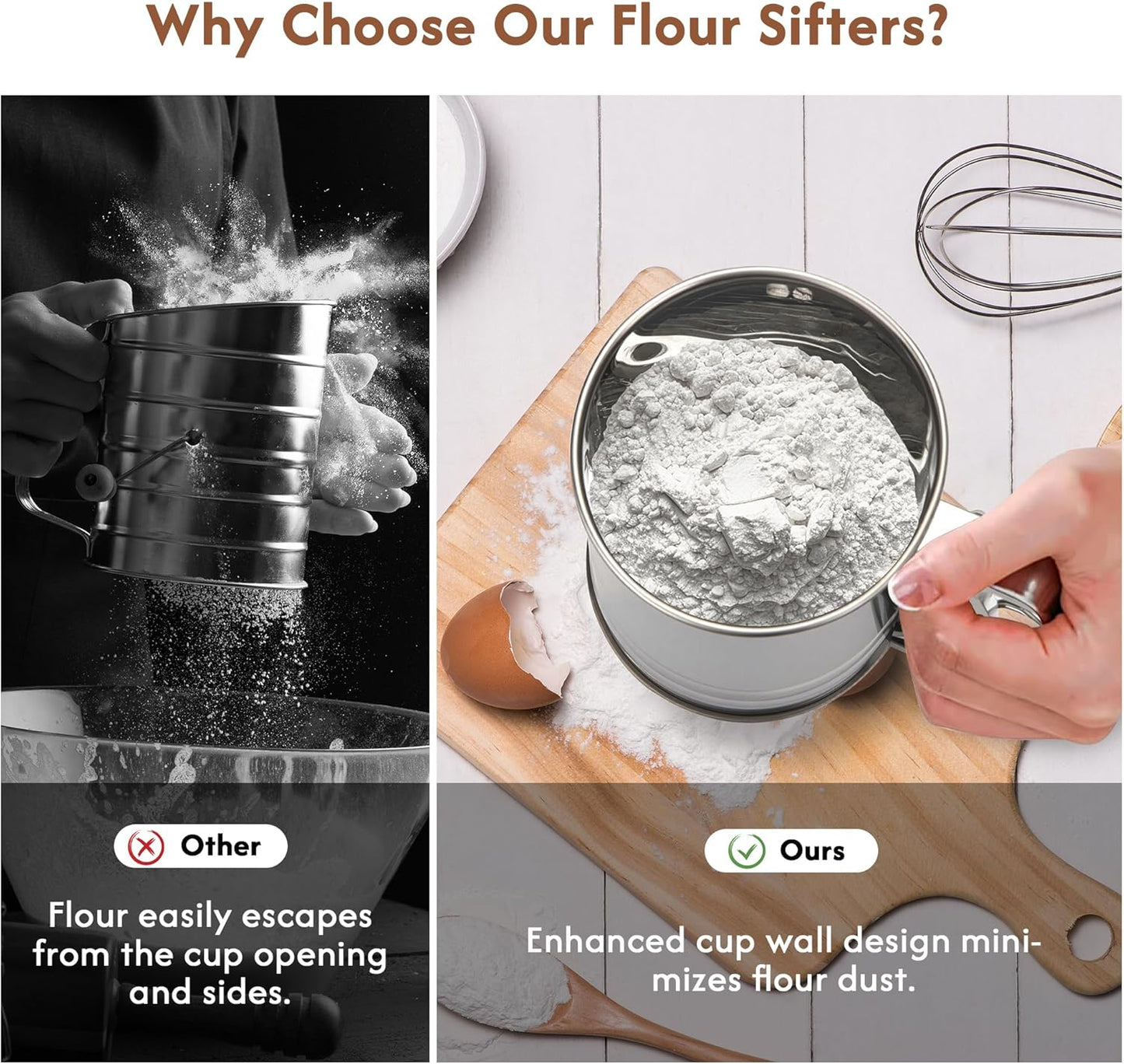 5-Cup Flour Sifter for Baking, Large Capacity Stainless Steel Hand Press Sifter with Double-Layer Fine Mesh - Includes Bonus Dough Scraper/Cutter for Bread & Pastry (White)