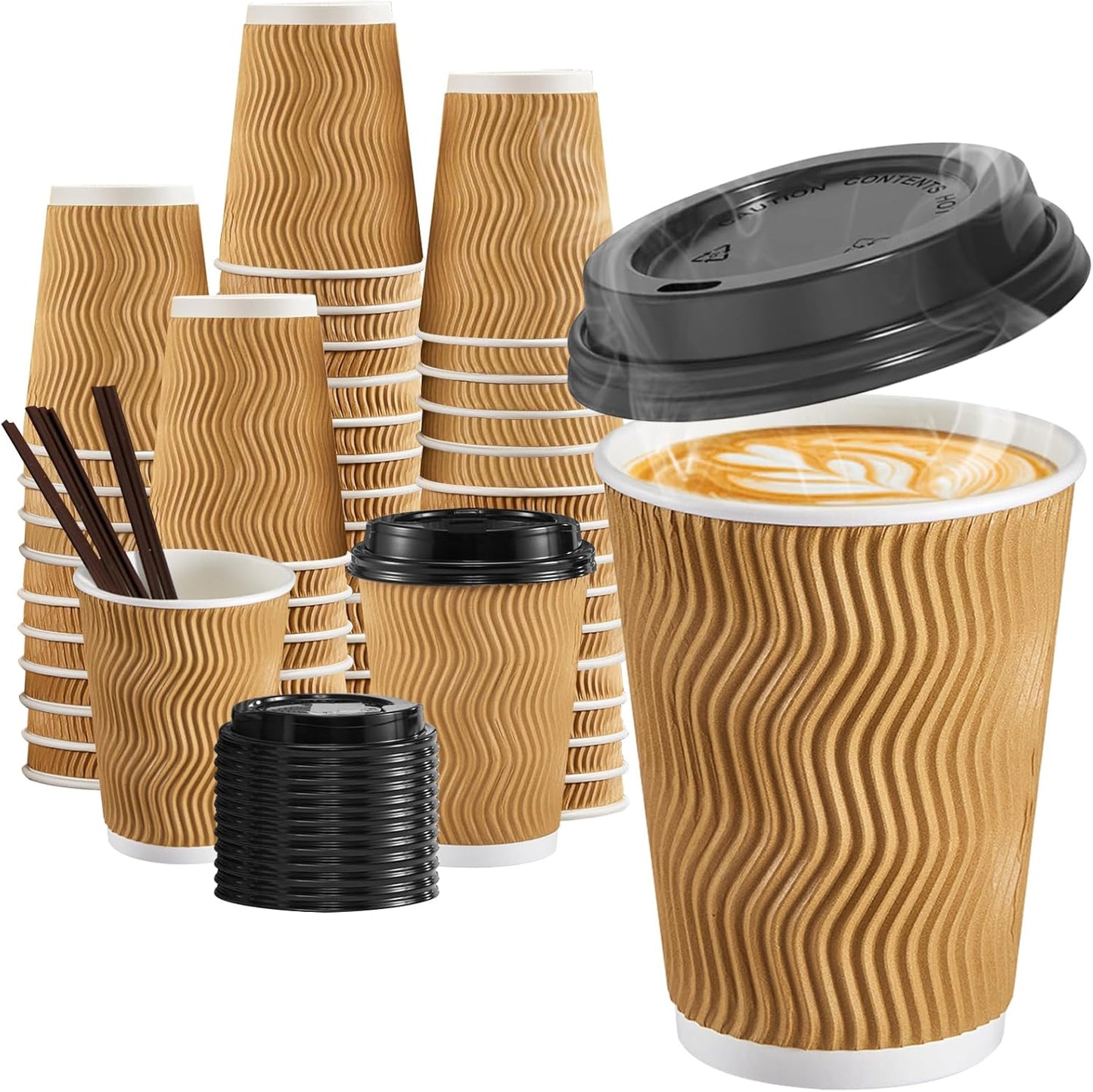 12 oz Coffee Cups-90 Pack Disposable Coffee Cups with Lids and Straws, Insulated Ripple Wall To Go Paper Coffee Cup for Coffee, Hot Chocolate and Hot Tea Drinks - Champagne