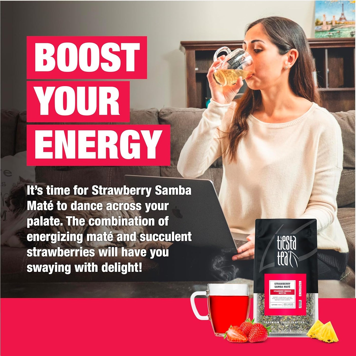 Tiesta Tea - Strawberry Samba Mate, Loose Leaf, Strawberry Hibiscus Mate Tea, High Caffeinated Fruit Blend, Make Hot or Iced Up to 200 Cups, 16oz Resealable Bulk Pouch