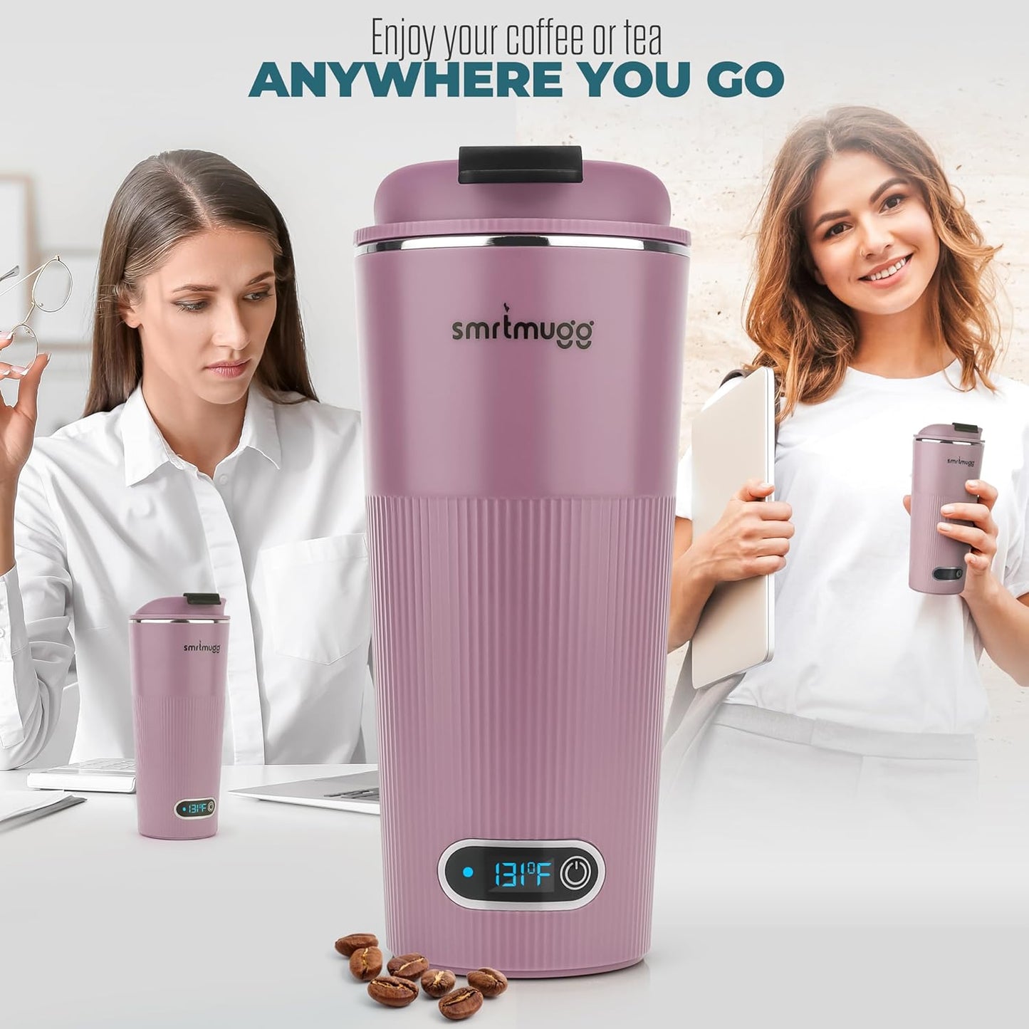 GO Heated Coffee Mug, Travel Mug, 13.5 OZ. Smart Mug, Battery Powered Heated Coffee Mug, Great for Coffee and Tea, Snap on Magnetic Charging Cord, New and Improved (Lilac)