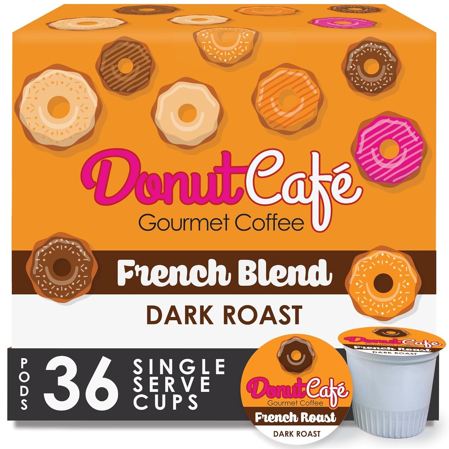Donut Café – Gourmet Single Serve Coffee Pods for Keurig K-Cup Brewers, Dark Roast, 100% Arabica, Non-GMO & Gluten Free, French Roast Blend, 36 Count