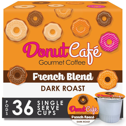 Donut Café – Gourmet Single Serve Coffee Pods for Keurig K-Cup Brewers, Dark Roast, 100% Arabica, Non-GMO & Gluten Free, French Roast Blend, 36 Count