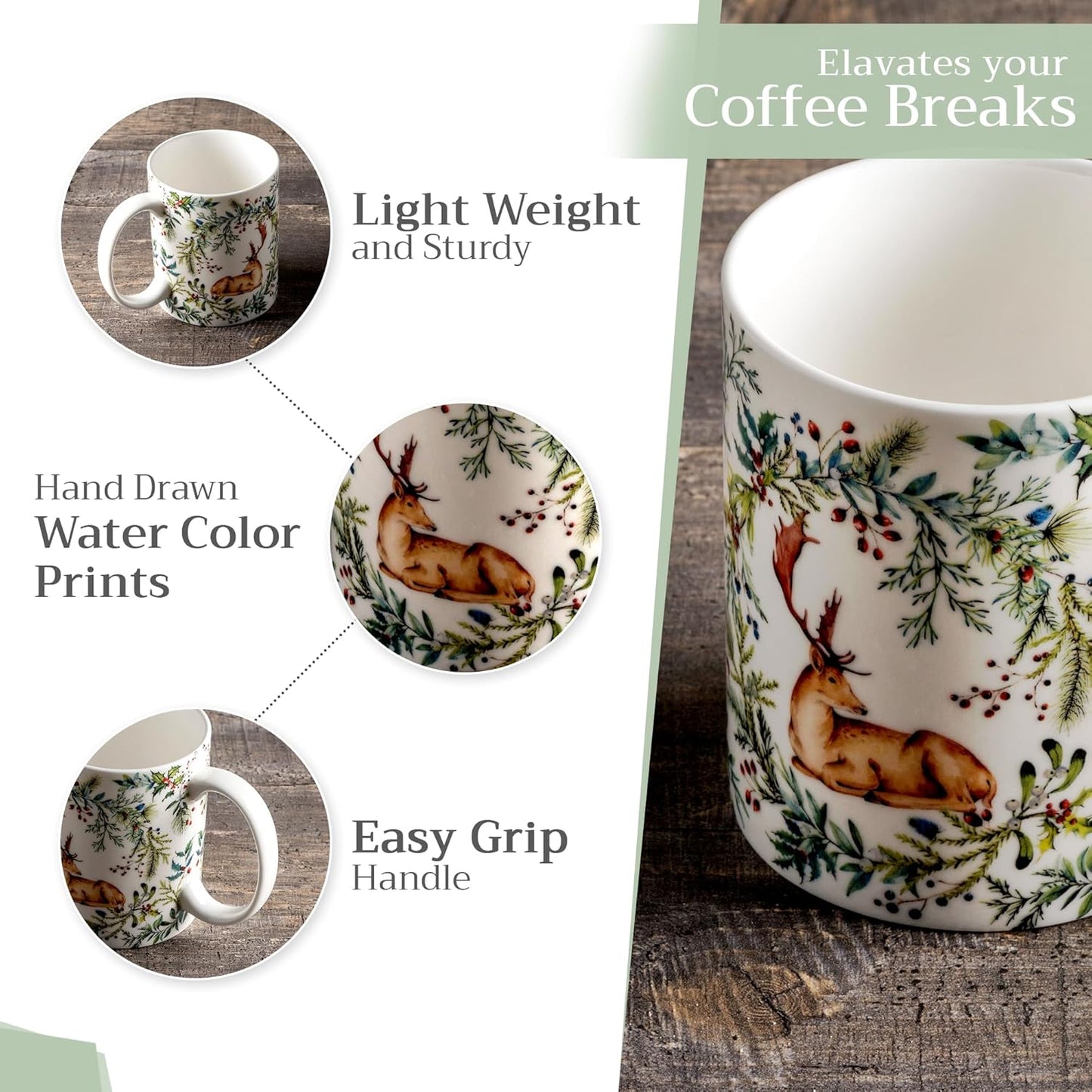 Maison d' Hermine Coffee Mug with Handles Fine Bone China Mugs Pack of Two Tea Cups for Hot Beverages Cappuccino Latte Home Restaurant Office Perfect for Gift (Holly Time, 12 Ounce)