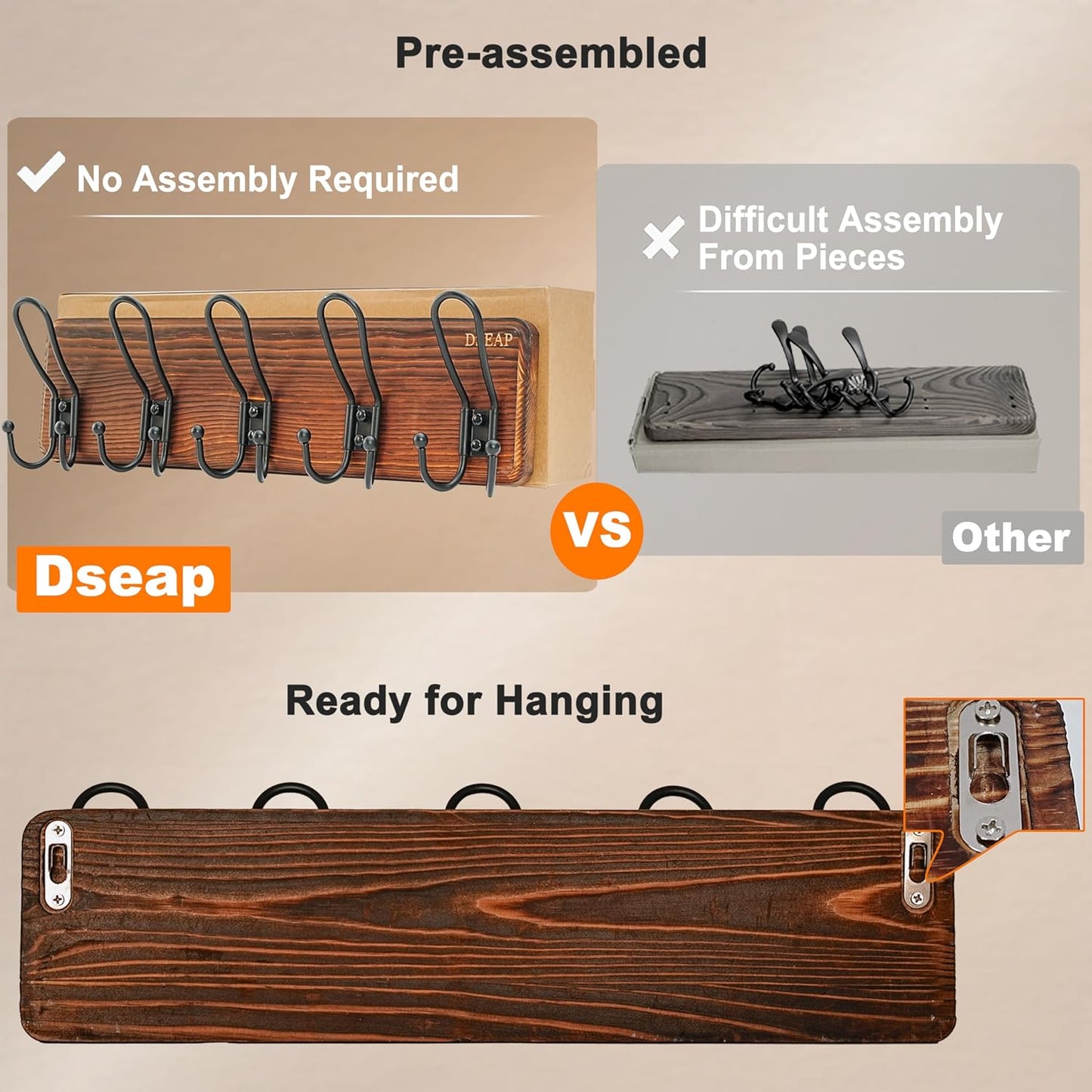 Dseap Coat Rack Wall Mounted - Heavy Duty Farmhouse Rustic Wall Coat Hanger with 5 Wire Hooks for Clothes Hat Jacket Towel, RusticWire, J1-5A, Whitewash & Black