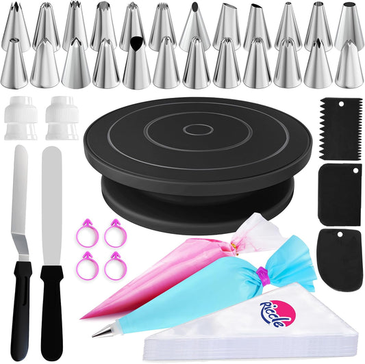 Riccle 88 pcs Cake Decorating Kit with Blue Cake Turntable - Includes 50 Disposable + 2 Reusable Piping Bags and Tips Set, 24 Icing Piping Tips, 2 Spatulas, 3 Icing Comb Scraper (Black)