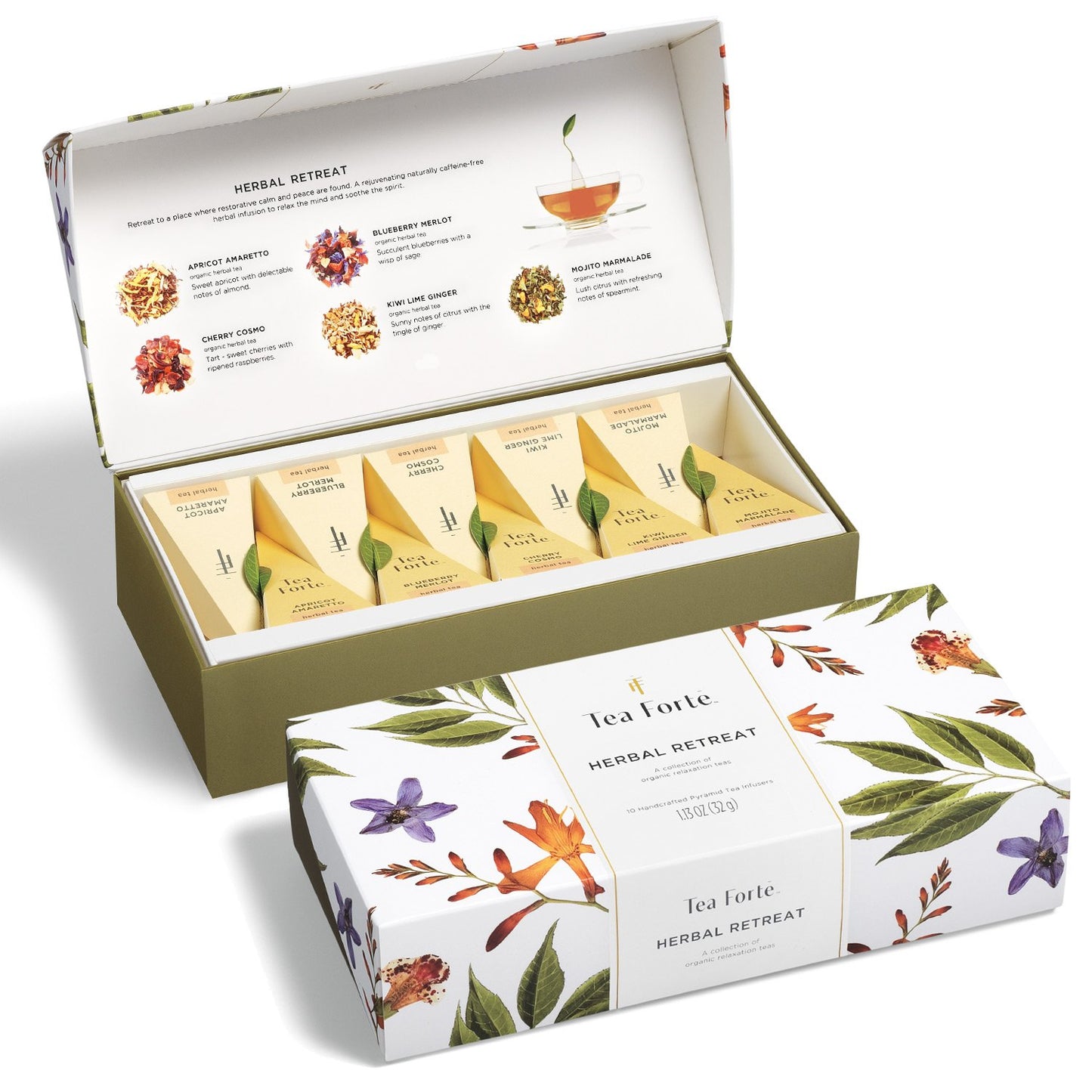 Tea Forte Herbal Retreat Organic Caffeine Free Premium Herbal Tea Petite Presentation Box Tea Gift Set Sampler, 10 Handcrafted Pyramid Tea Bag Infusers