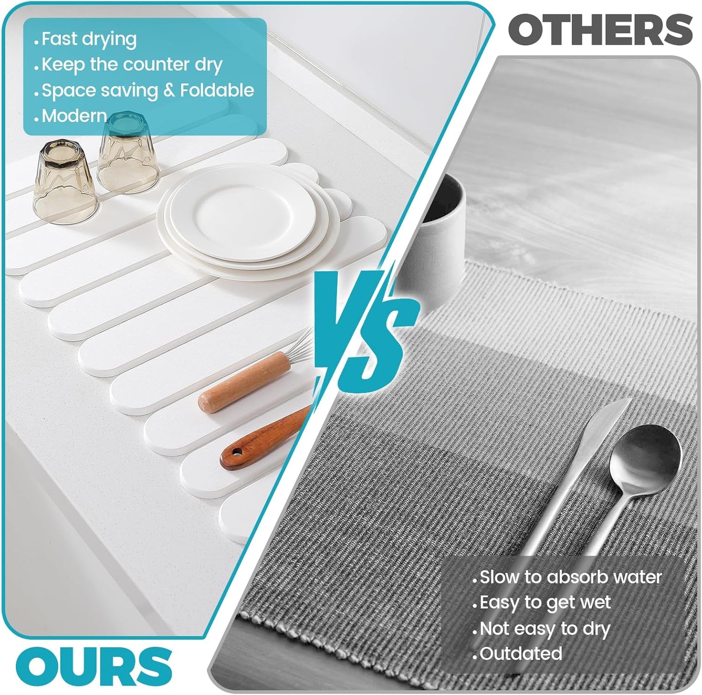 Extral Large Quick Dry Stone Drying Mat for Kitchen Counter,24"(L)x16"(W) Collapsible Eco-Friendly Absorbent Diatomaceous Earth Mat for Dishes Cups,Dish Drying Mats (White-Ellipse, 24x16 inch)