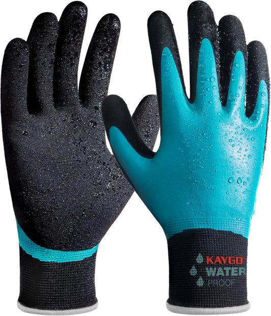 KAYGO Waterproof Work Gloves for Men and Women, Rubber Coated Non-slip Working Gloves for Garden, Outdoor Construction,3 pairs,Blue,XL