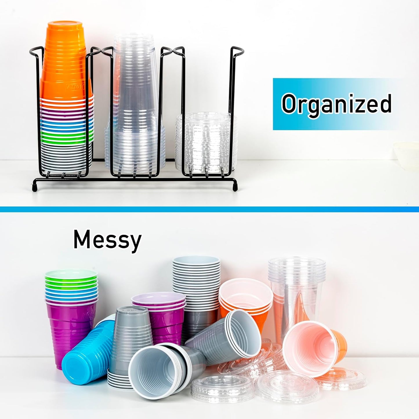 Wire Frame Cup and Lid Organizer, 3 Compartment Metal Rack Design Storage Holder for Plastic, Coffee Beverage Cups