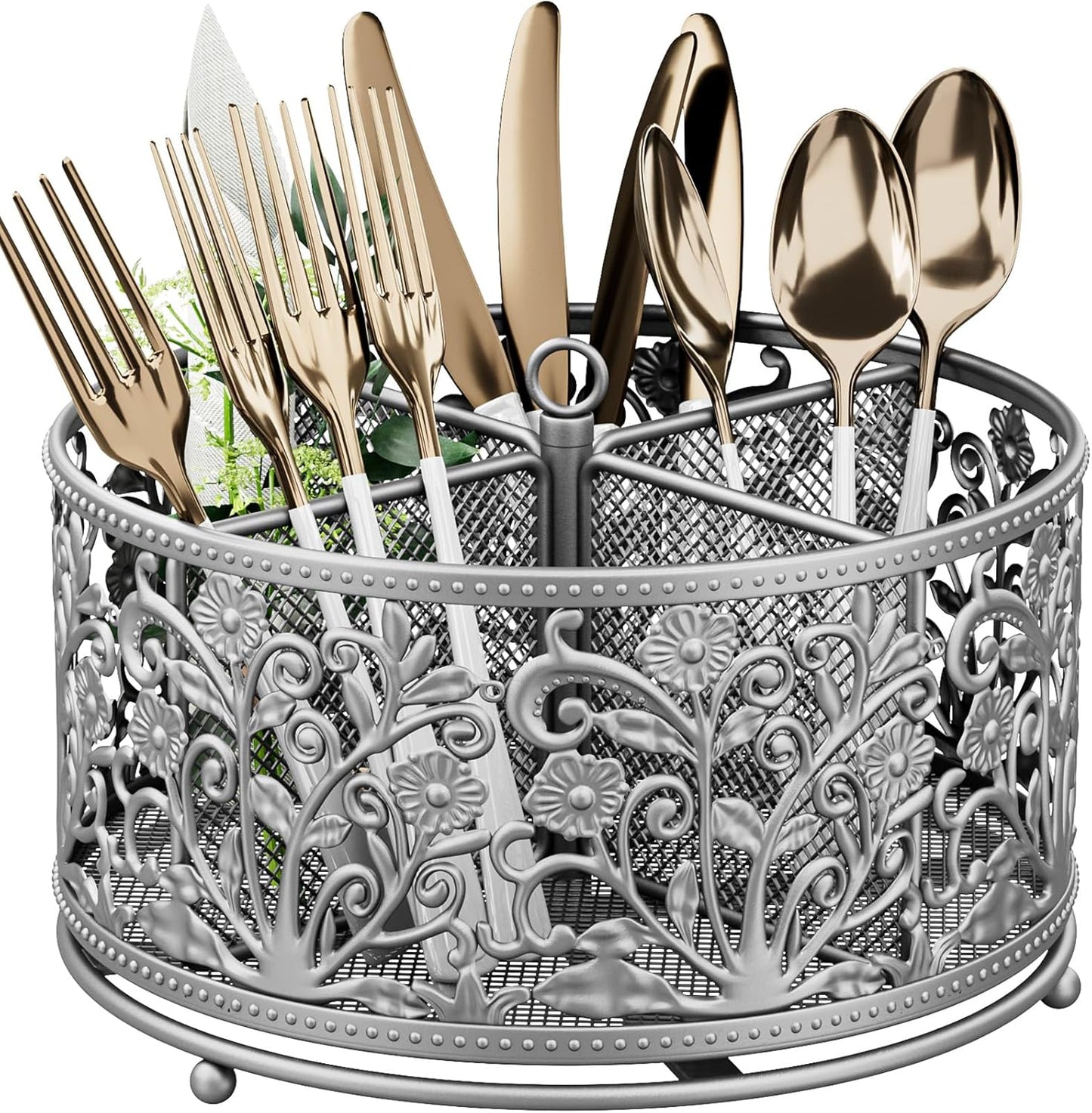 360° Rotating Utensil Caddy - Silverware Cutlery Caddy Holder with 4 Compartment, Metal Flatware Organizer Countertop with Handle for Party Camping Picnic, Kitchen Counter, Office (Silver)