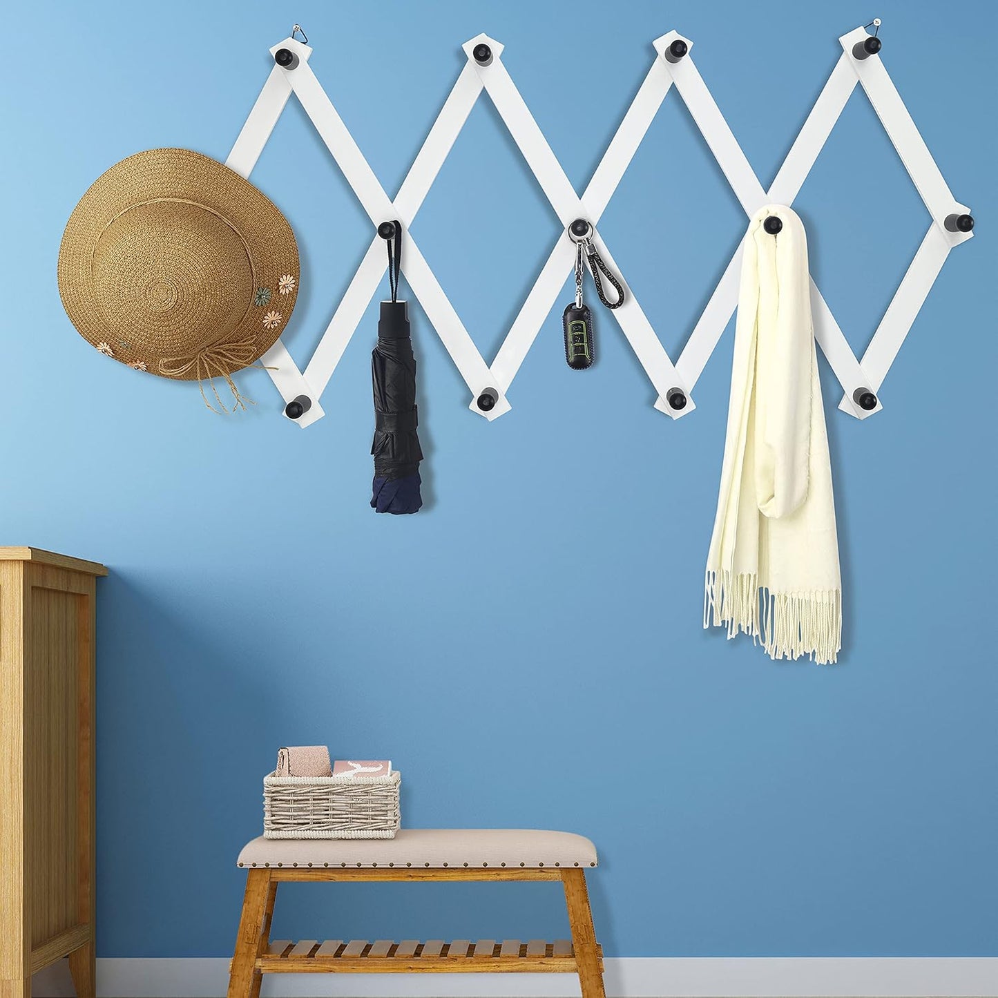 Dseap Accordian Wall Hanger: 16” High Wooden Wall Expandable Coat Rack, Hat Rack Holder, Accordion Hook for Baseball Caps, Coats, Mugs, 13 Peg Hooks, White & Black