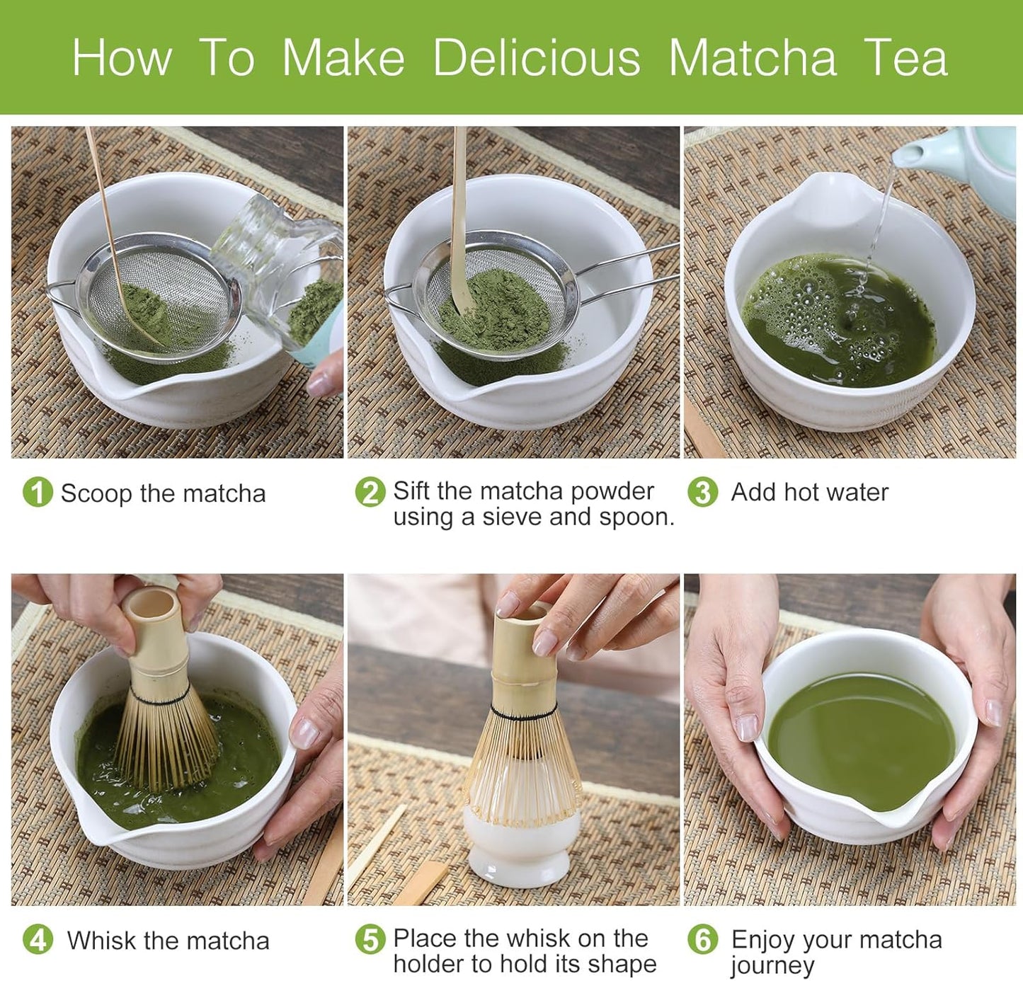 Matcha Whisk Set, 6 Pcs Matcha Set with Bamboo Matcha Scoop and Stainless Steel Sifter/Pouring Spout Ceramic Bowl/Matcha spoon/Matcha Whisk Holder, -19 oz Japanese Tea Ceremony Kit for Gifts (White)