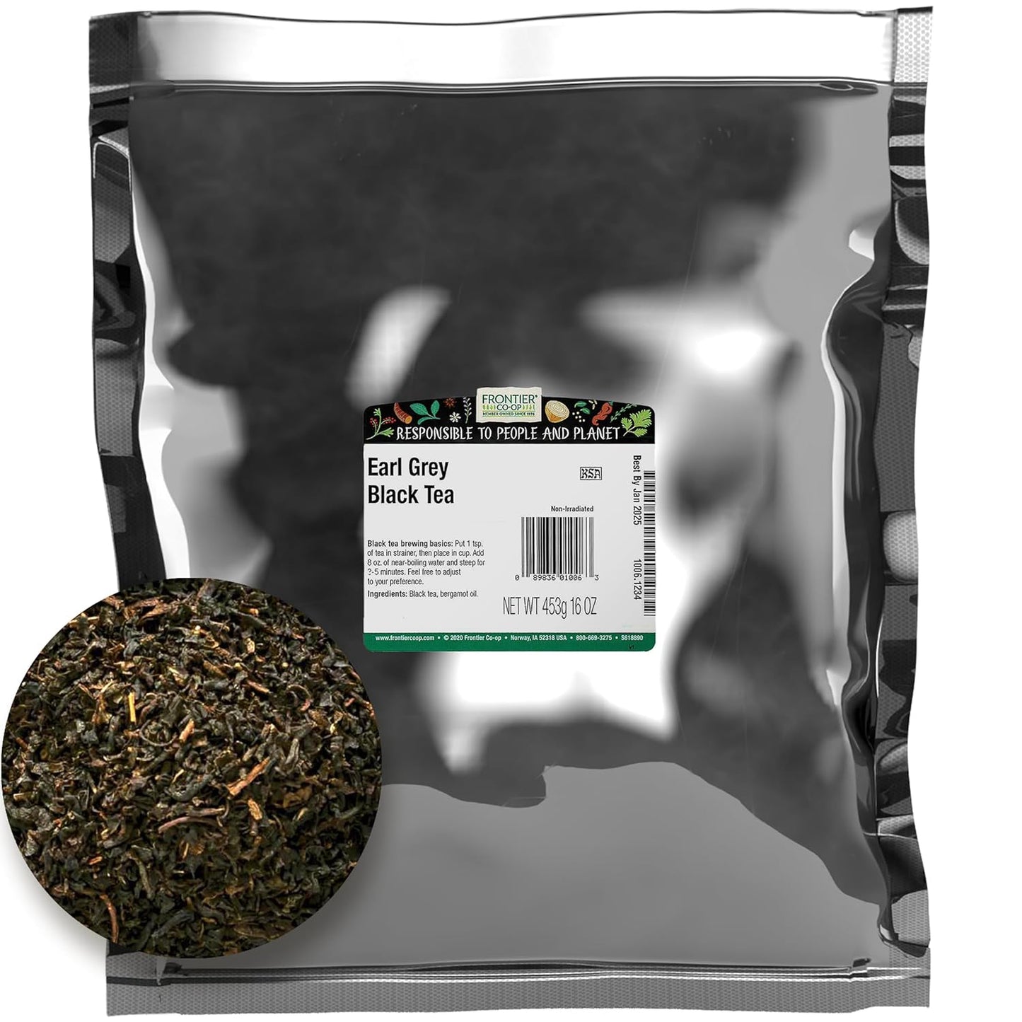 Frontier Co-op Earl Grey Black Tea, 1-pound Bulk Bag, Smoky Tea Flavor with Bergamot Oil, Great with Citrus, Kosher