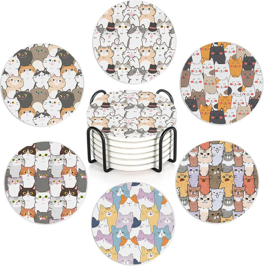 Drink Coasters Set of 6 with Holder, Cute Cats Absorbent Ceramic Coasters with Cork Base,Fit All Cups,Great Gift for Housewarming,Room Decor,Bar,Holiday Party