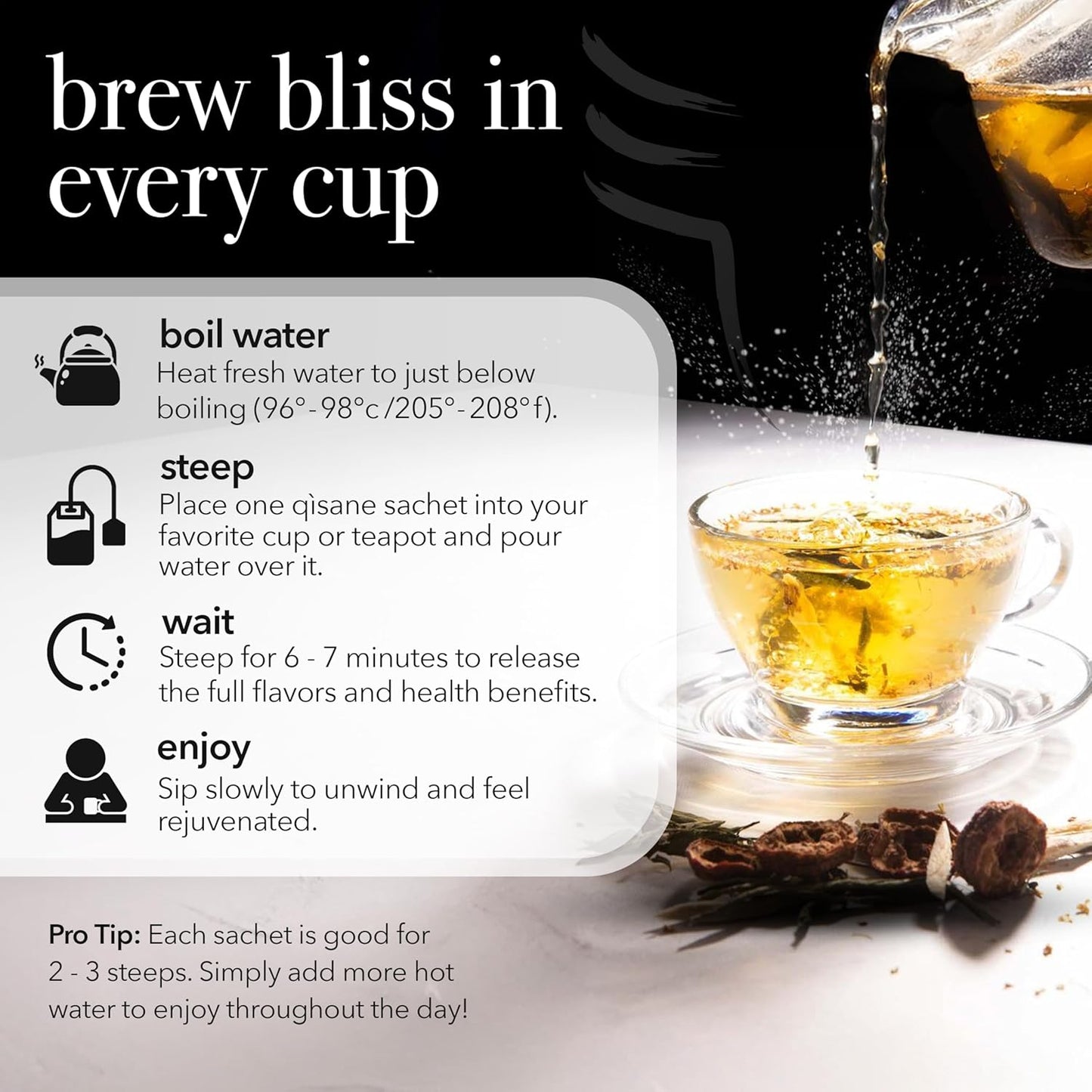 qìsane Honeysuckle Tea with Chinese Medicinal Plants - Dried Honeysuckle Flowers, Self Heal Spike, Lemon Verbena & Monkfruit to Help Support Detox & Ease Discomfort - 10 sachets (~30 cups)