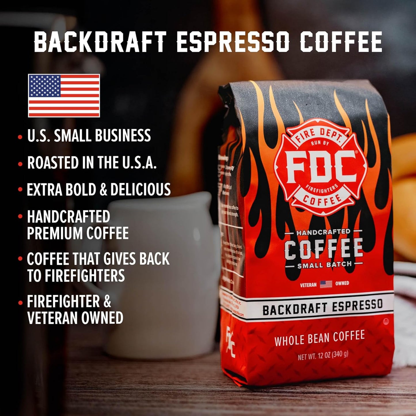 Fire Department Coffee - Gives Back to Firefighters - Backdraft Espresso Coffee Beans - Smooth & Rich - Roasted in the USA - Premium Espresso Beans - Veteran Owned - 12 oz