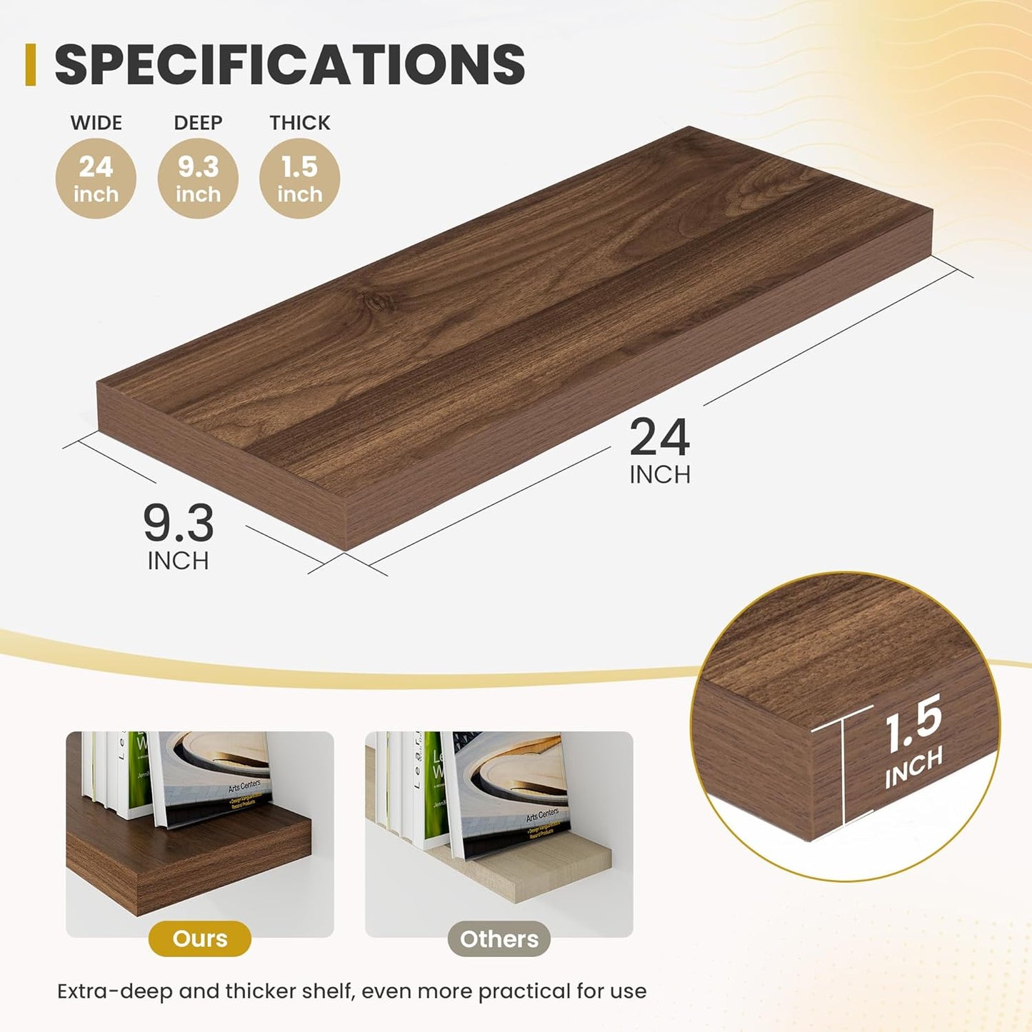 24 Inch Floating Shelves, 9.3" Deep Floating Shelf Wall Mounted, 24" Wall Shelves, Rustic Deep Bookshelf, Large Display Shelves & Storage Shelves for Bedroom, Living Room, Walnut, Set of 2