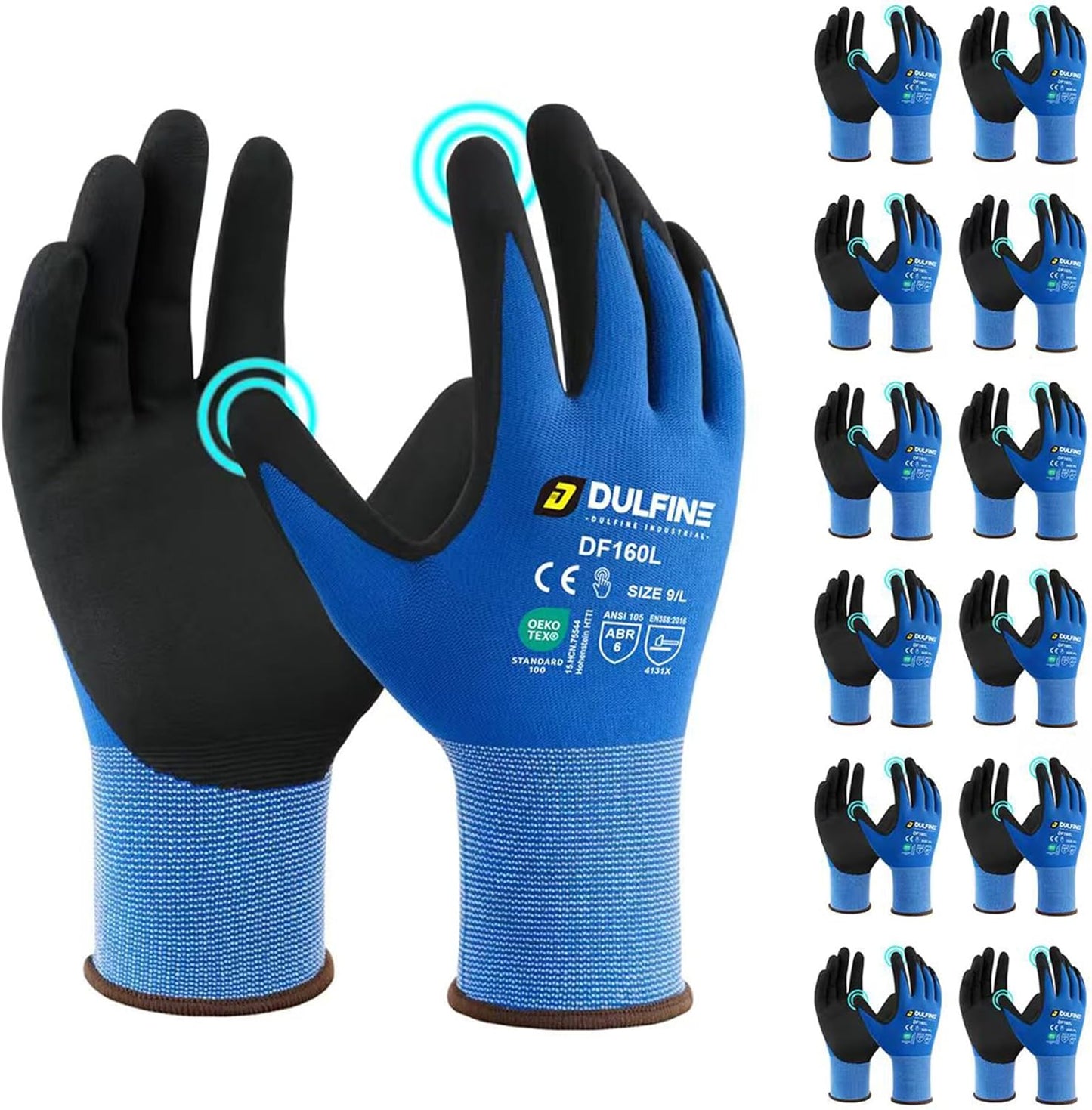 Safety Work Gloves MicroFoam Nitrile Coated-12 Pairs Pack,Blue Seamless Knit Nylon Glove with Black Micro-Foam Nitrile Grip,Ideal for General Purpose,Automotive,Home Improvement,Painting(Large)
