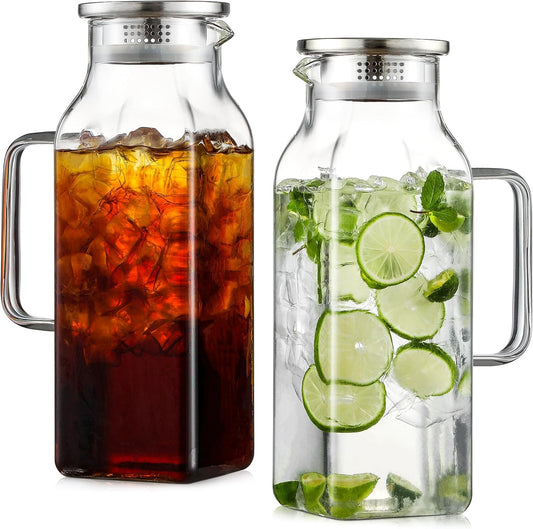 Netany 2 Pack 2 Liters/68 oz Square Glass Pitcher with Lid and Handle for Fridge, Iced Tea and Coffee Carafe Beverage Serveware, Heat Resistant Borosilicate Water Jug for Hot/Cold Drinks and Milk