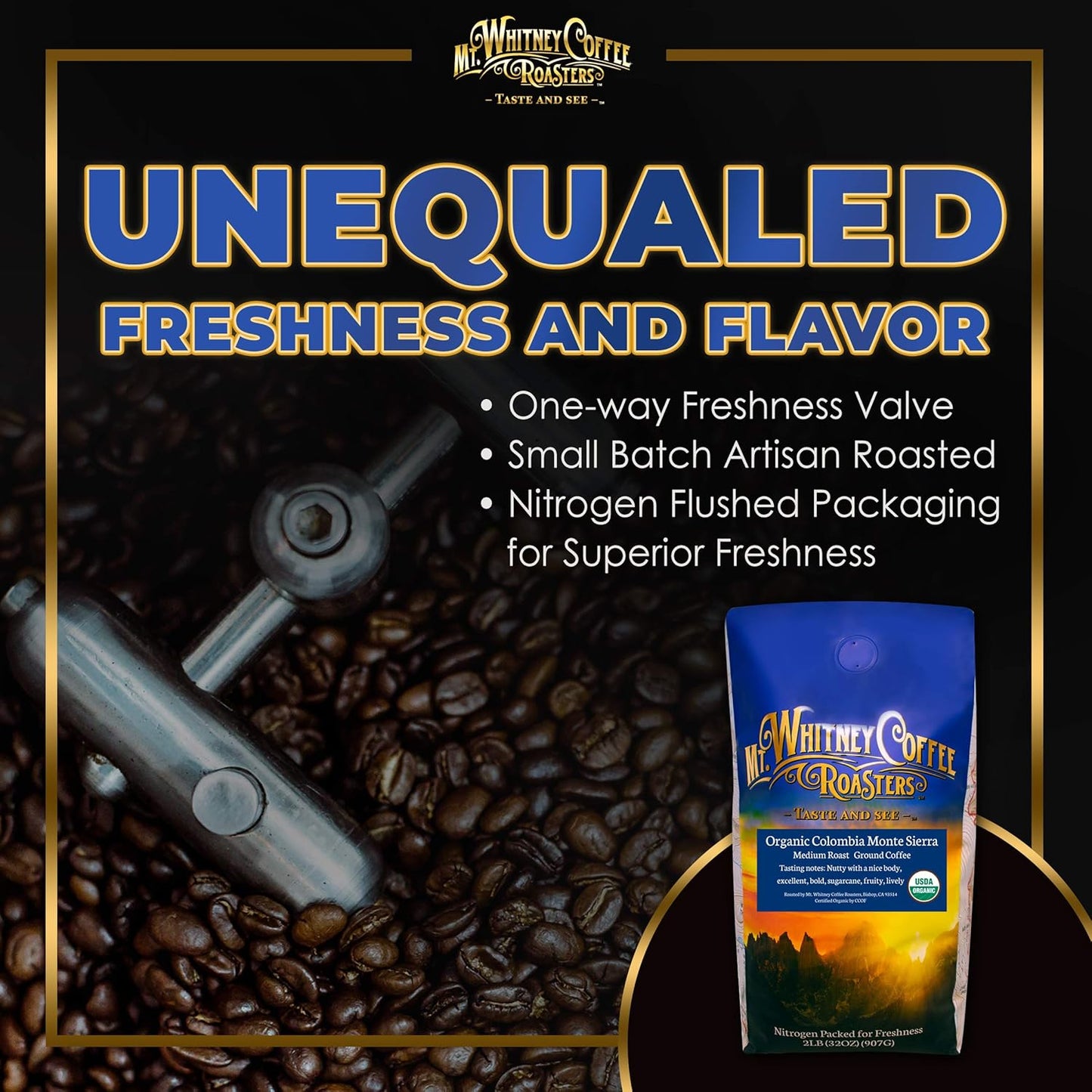 Mt. Whitney Colombia Monte Sierra Organic, Single Origin, Medium Dark Roast, Smooth Full Flavored, Low Acid Coffee (Ground, 2 Lb)