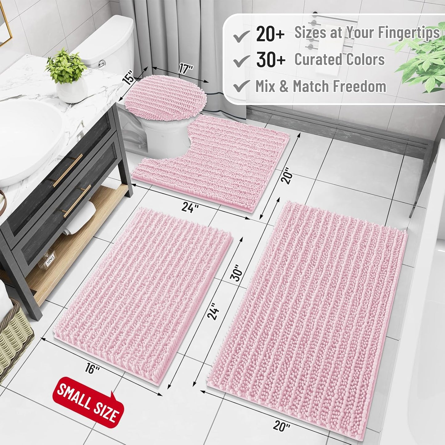 Arotive Luxury Chenille Bathroom Rug Mat, Extra Soft Thick Absorbent Shaggy Bath Rugs, Non-Slip Machine Wash Dry, Plush Bath Mats for Bathroom, Shower and Tub, 40x32, Pink