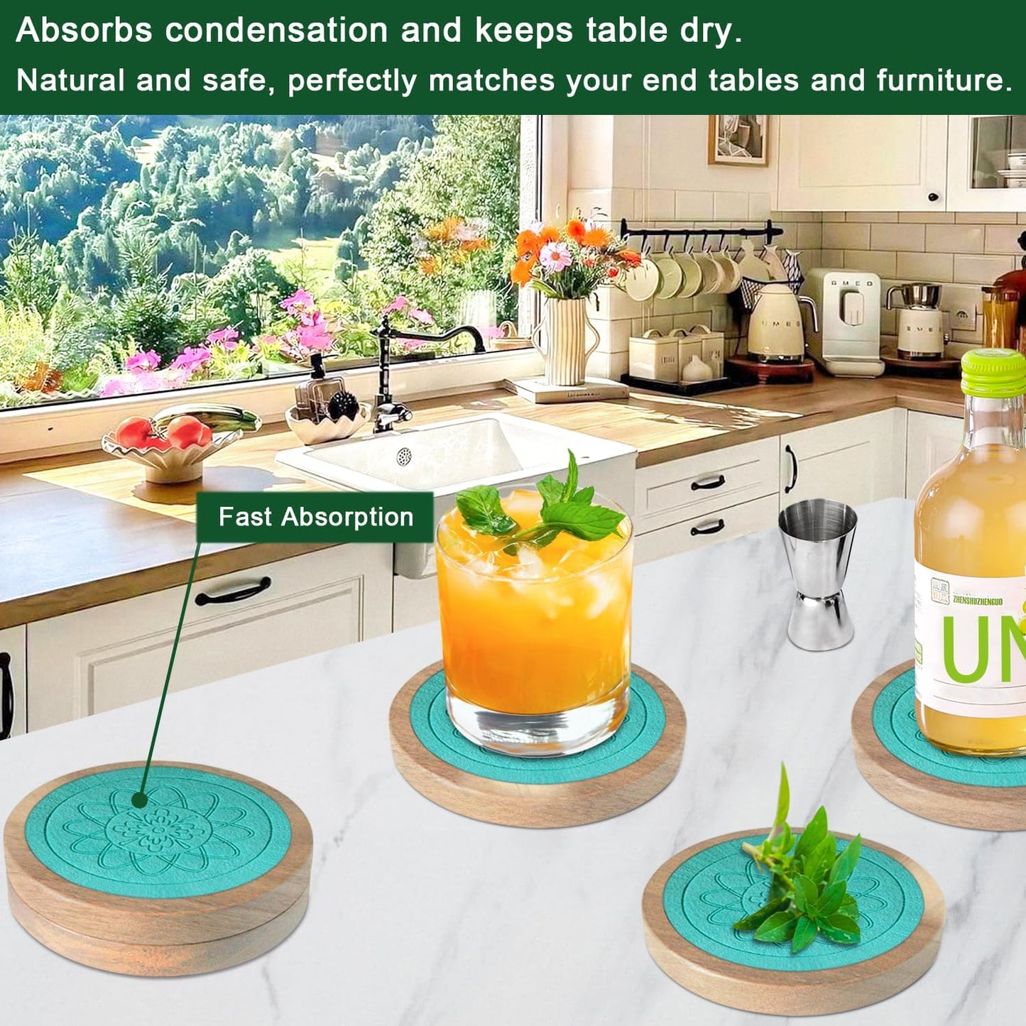 Wood Coasters for Drinks, Minacun Absorbent Coaster Sets of 5, Drinks Coasters for Coffee Tabletop Protection, Non-Slip, Non-Stick, Suitable for Kinds of Cups Wooden Table Drink, 4.3 Inches Lake Blue