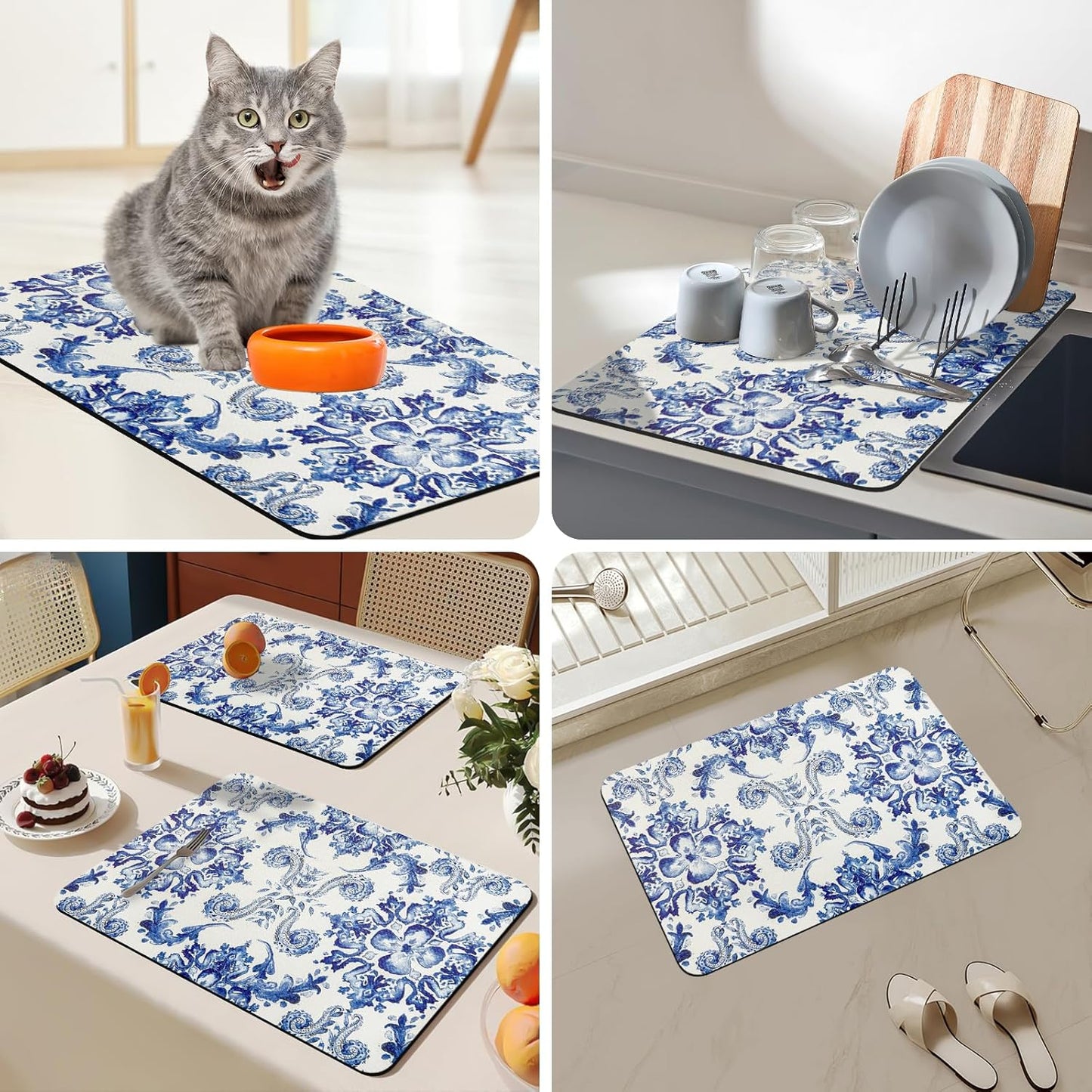 Bloss Dish Drying Mat, Multiple Usage Coffee Bar Mat, Kitchen Counter Mats, Absorbent Hide Stain Rubber Backed Dish Drying Pad(16.1"x24.1", Ink Cyan Flower)