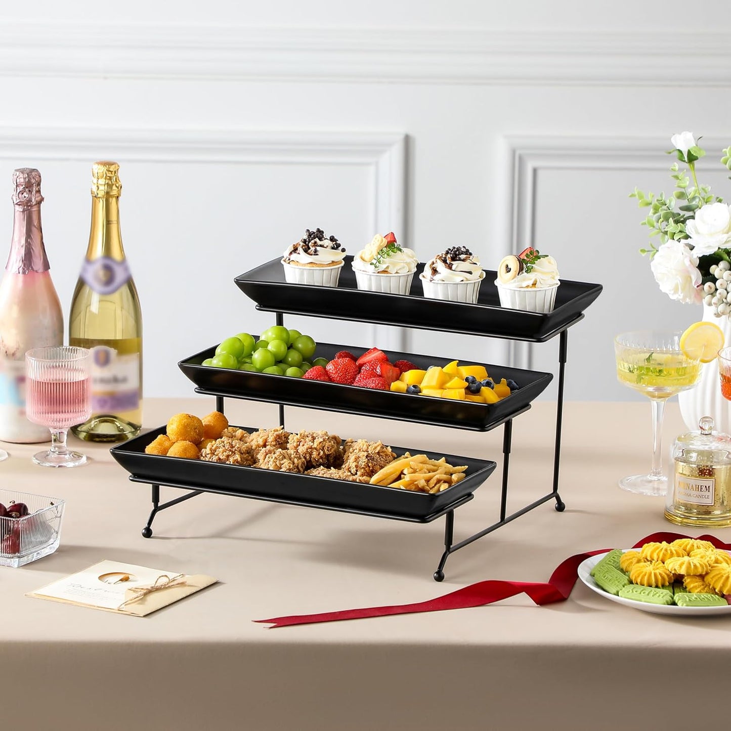 MALACASA 3 Tier Serving Trays for Party, Stoneware Serving Platters and Trays, 14 Inch Tiered Tray Stand, Fruit Tray, Trays for Serving Food, Black Dessert Stand with Collapsible Sturdier Metal Rack
