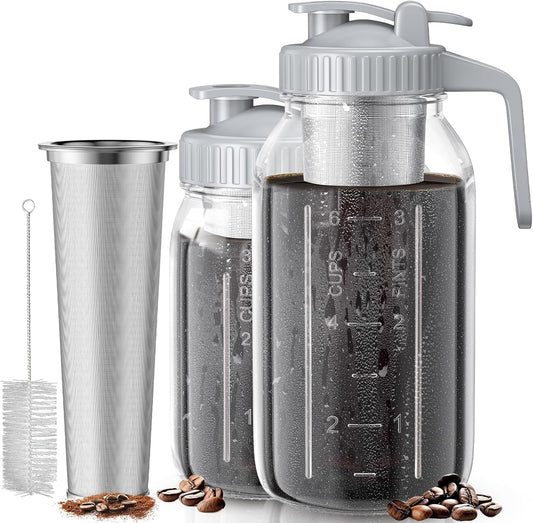 Cold Brew Coffee Maker Jar - 2 Pack 64 oz/32 oz Glass Cold Brew Maker with Handle, Stainless Steel Filter & Leak-Proof Lid, Heavy Duty Cold Brew Pitcher for Iced Coffee, Sun Tea, and Milk
