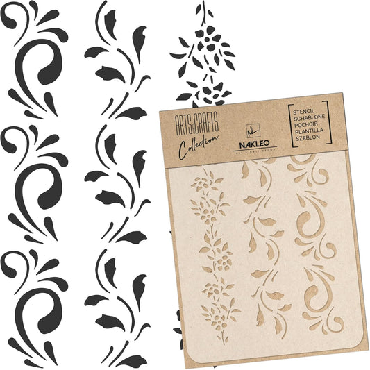 NAKLEO Painting Stencil for Crafts A4 8.3” x 11.8”, Border Flower Plant Pattern, Reusable Plastic DIY & Scrapbooking Drawing Template, Decoupage Art Home Decor, Wall Wood Fabric Furniture
