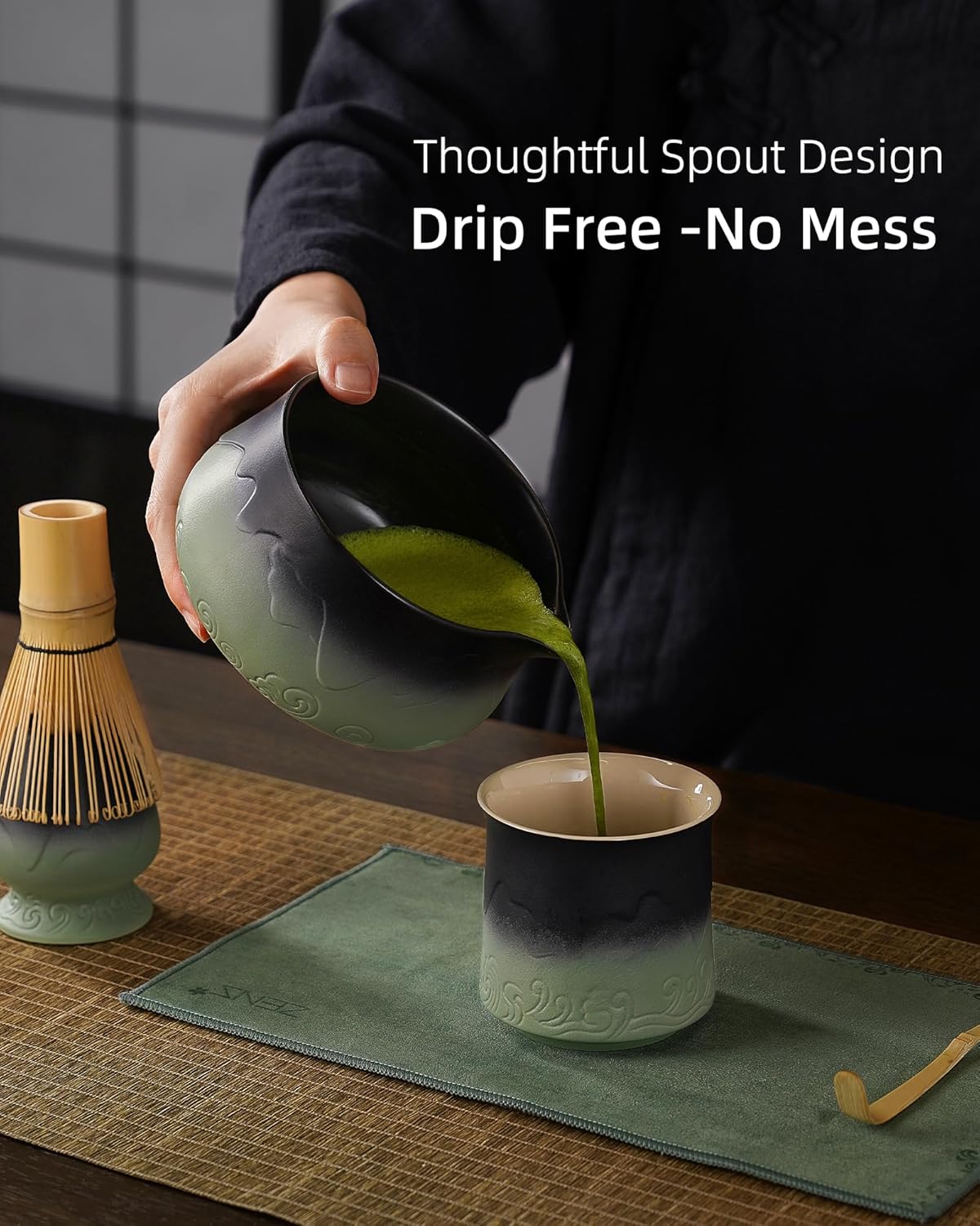 ZENS Matcha Whisk Set, 15oz Ceramic Matcha Set with Bowl and Bamboo Whisk, Scoop, (Chasen Holder) -Tea Towel, 5pcs Matcha Kit for Matcha Lovers, Sage Green