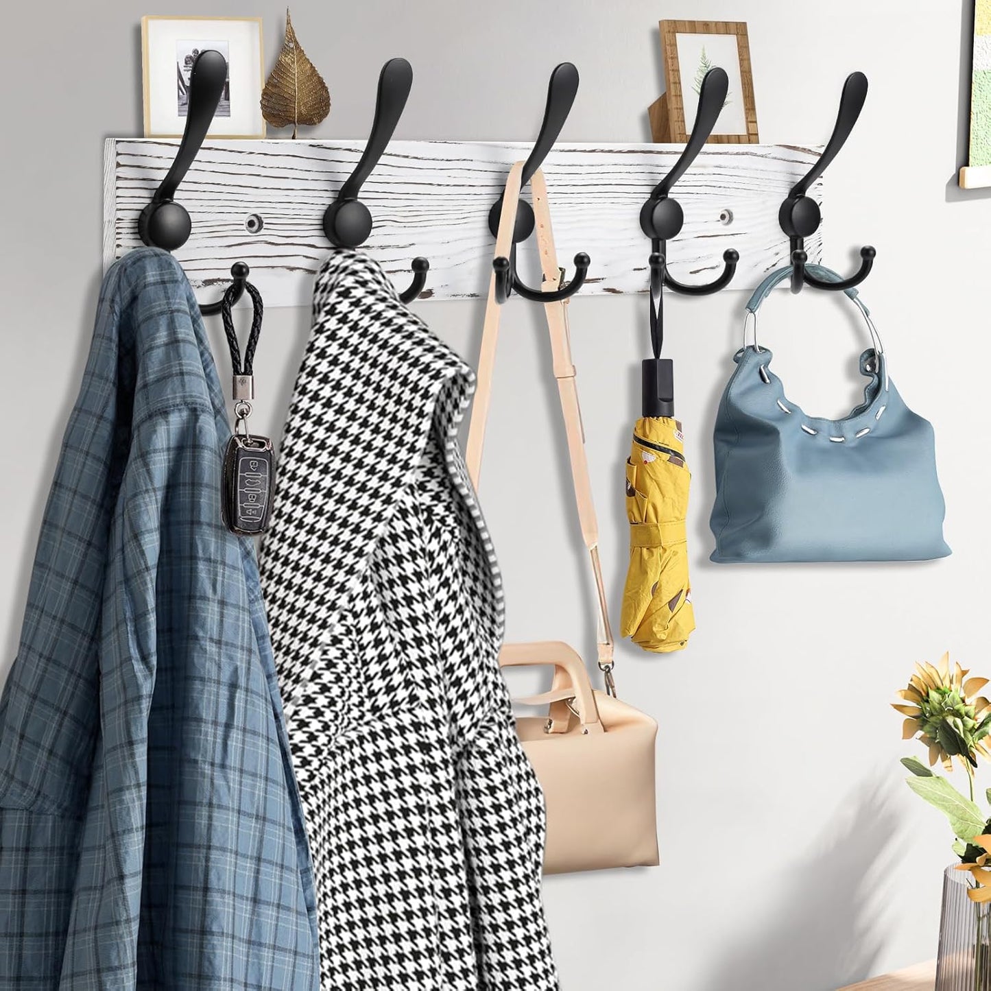 2pcs Coat Rack Wall Mount Wooden Hat Rack for Wall Hooks Pine Real Wood Plank 16.9" Old White Coat Hanger with 5 Black Triple Hooks for Hanging Coat Hat Jacket