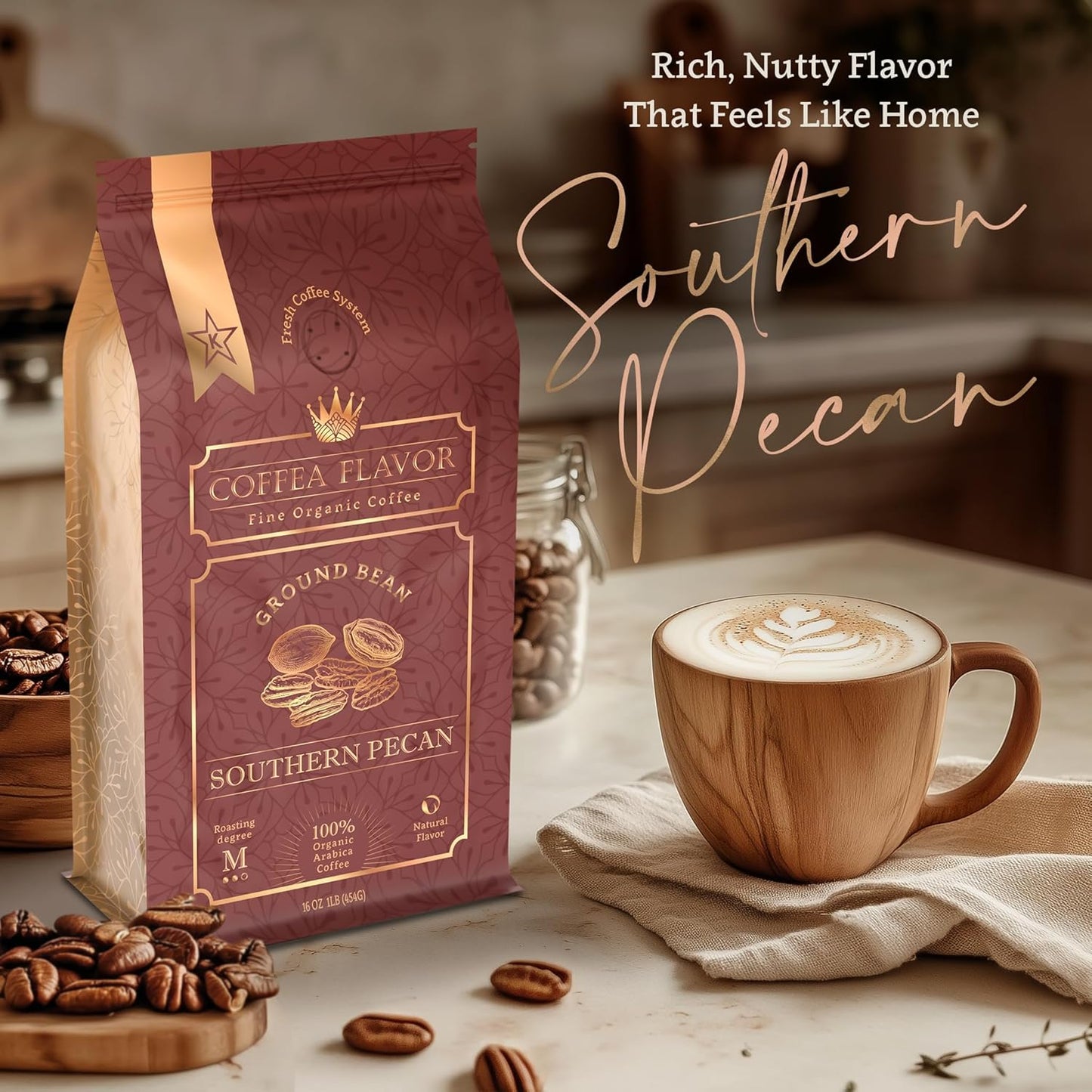 Southern Pecan Flavored Ground Coffee – Medium Roast, 100% Arabica, Single Origin – Organic, Naturally Flavored, No Artificial Additives – by Coffea Flavor