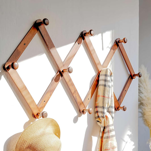 Dseap Expandable Coat Rack (Larger Version) - 24” High, Anti-Slip, Ultra Heavy Duty Wooden Accordian Wall Hanger with 10 Study Peg Hooks for Clothing Hats Jackets Bags, Brown