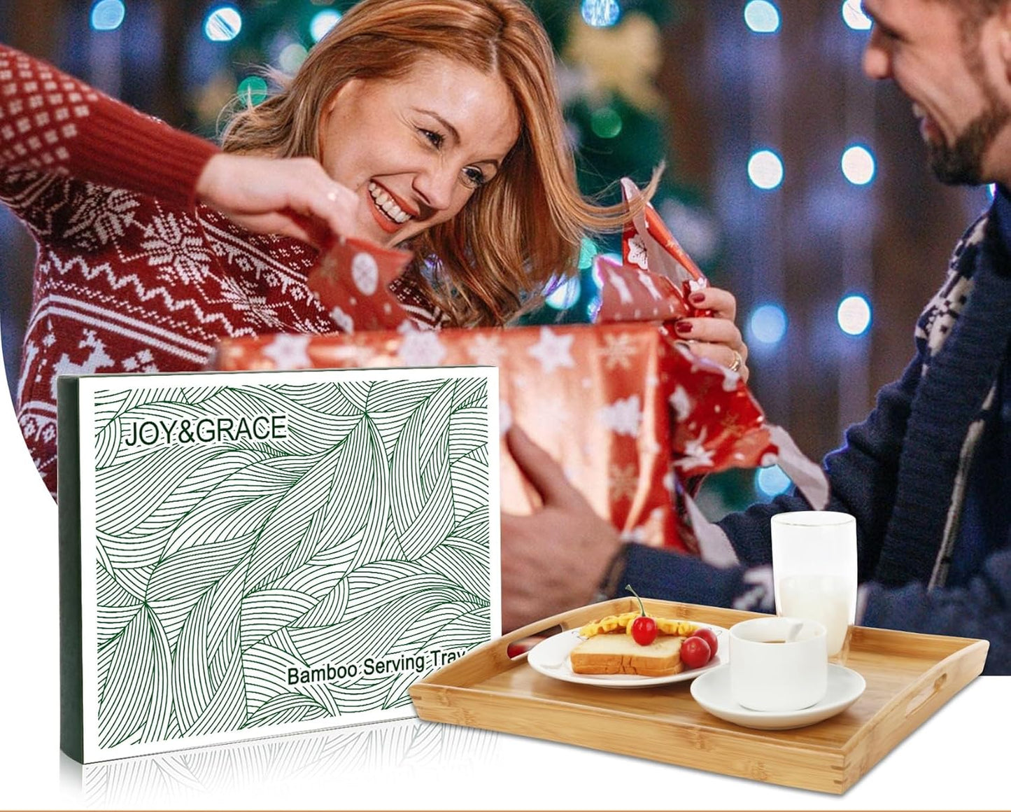 Joy&Grace Bamboo Serving Tray with Handles, Dinner Food Tray for Bed Breakfast Eating and Serving, for Coffee Table Ottoman TV, Decorative Wood Large Charcuterie Platter 16.8 x 12.5 inch 1 Pack