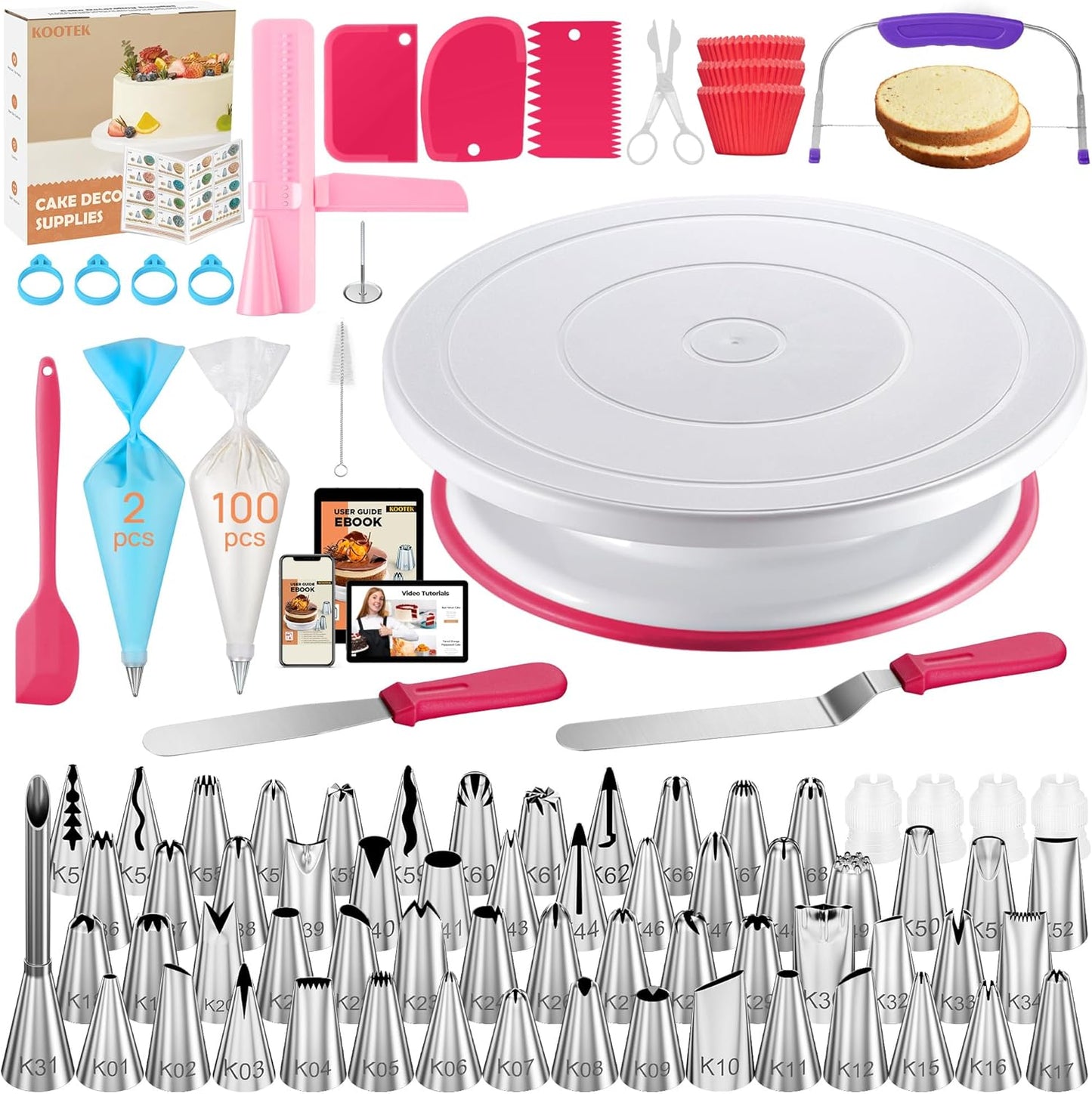 Kootek 230PCs Cake Decorating Kits, Baking Supplies Tools with Cake Stand Turntable, Piping Bags and Tips, Cake Leveler, Frosting Icing Spatulas & More Accessories for Cake Cupcake Decorations