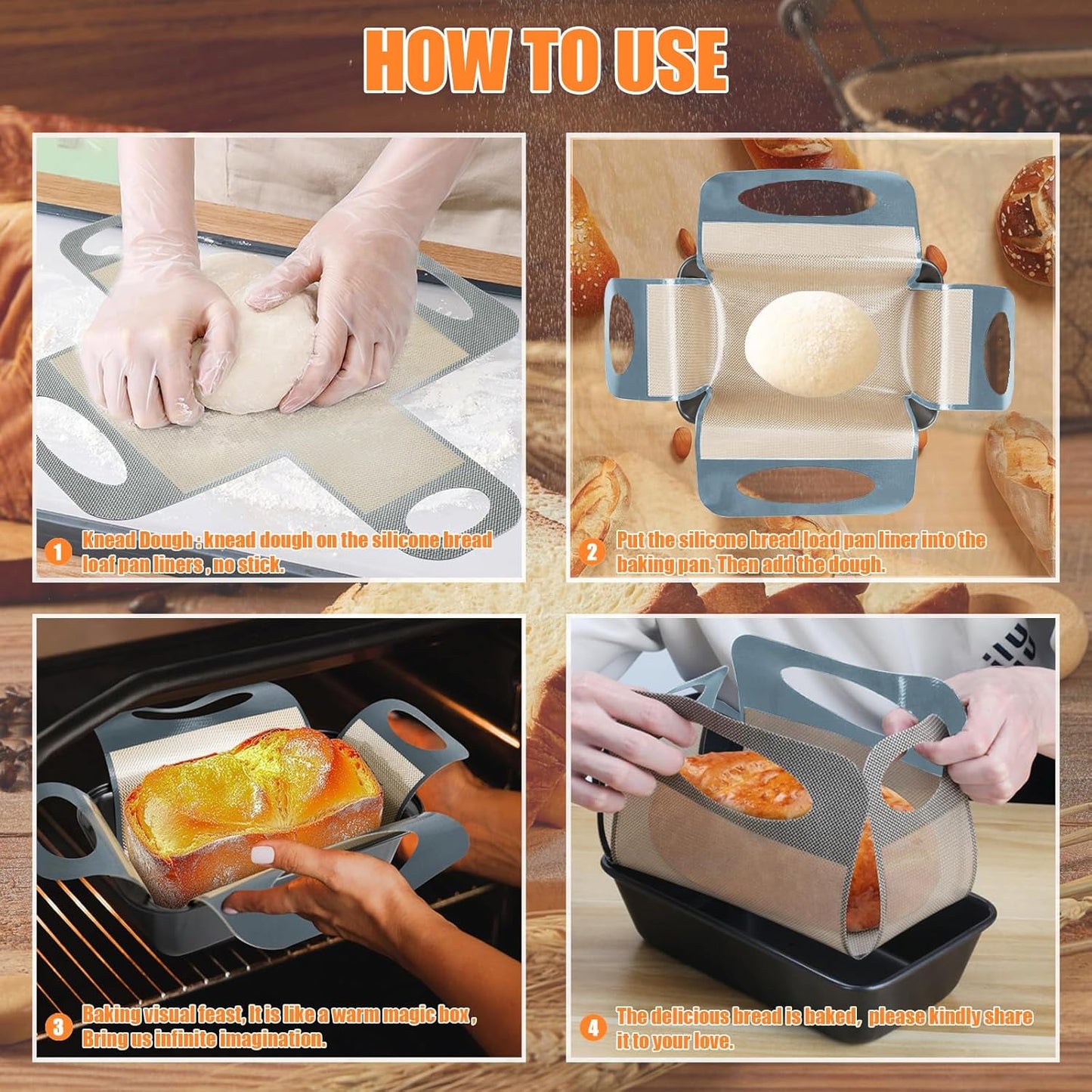 2PCS Reusable Silicone Bread Loaf Pan Liner, Food-Grade Silicone Bread Sling, Sourdough Bread Baking Mat, Loaf Pan Lifters, Non-Stick &Easy Clean Dough Transfer Tool, Fits 9x5 or 1.5lb Loaf Pans,Grey