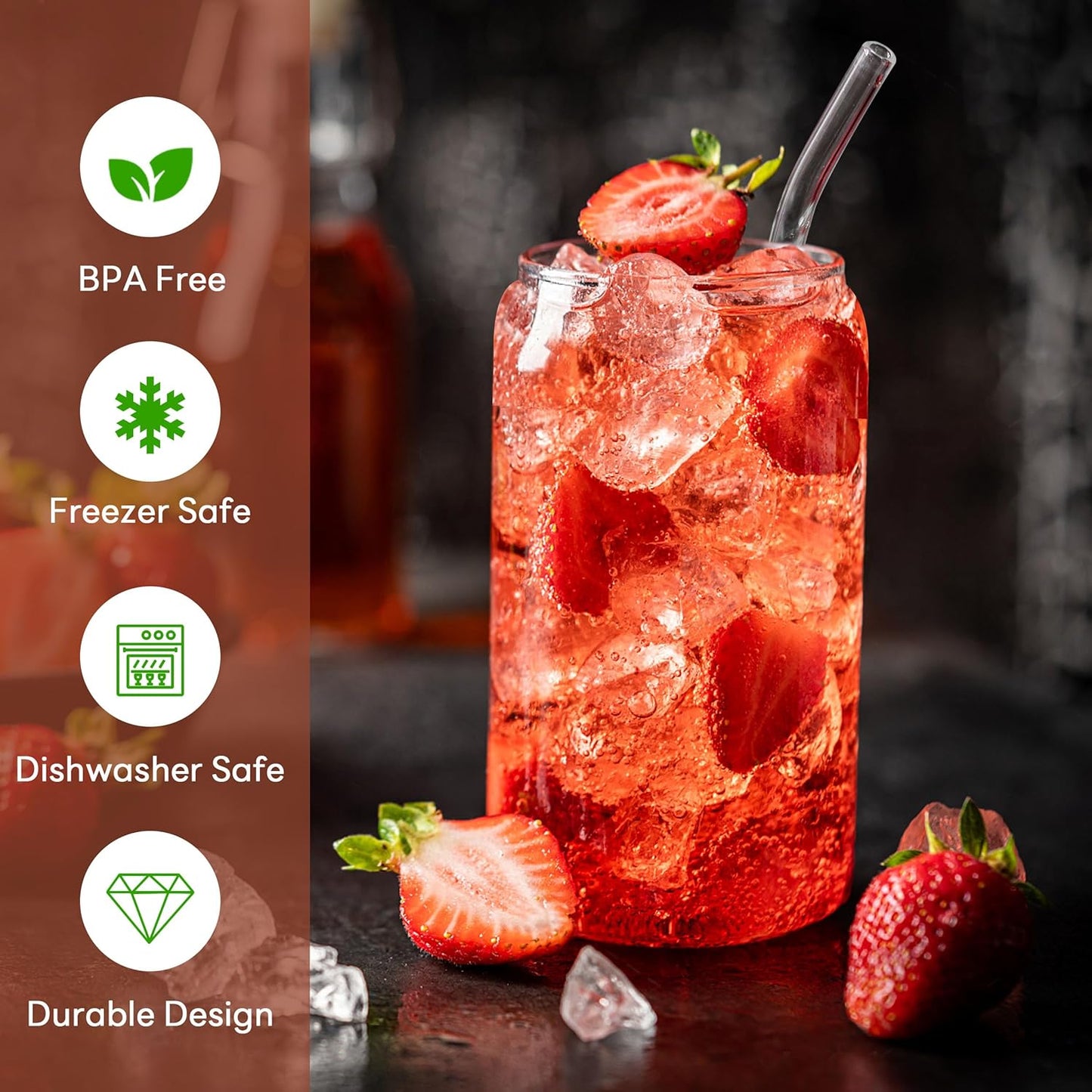 Joyclub Glass Cups with Bamboo Lids and Straws 4 Set 16 oz Reusable Iced Coffee Cup Beer Can Drinking Jars for Smoothie Whiskey Boba Soda Tea Gift