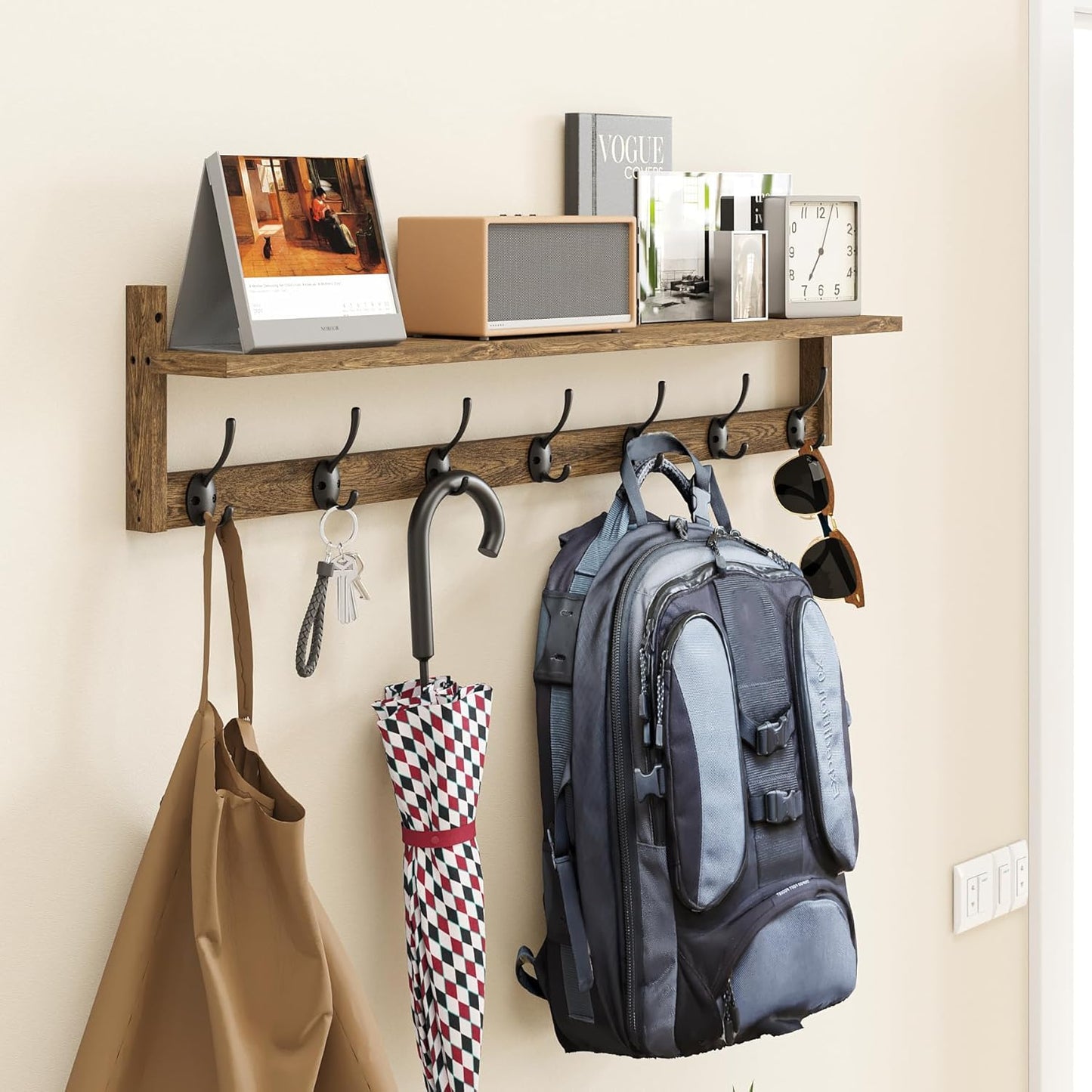 BAMEOS Coat Rack Wall Mount, Large Wooden Coat Hooks with Shelf, 35" L, 7 Dual Metal Hooks for Entryway, Bathroom, Kitchen, Living Room, Bedroom