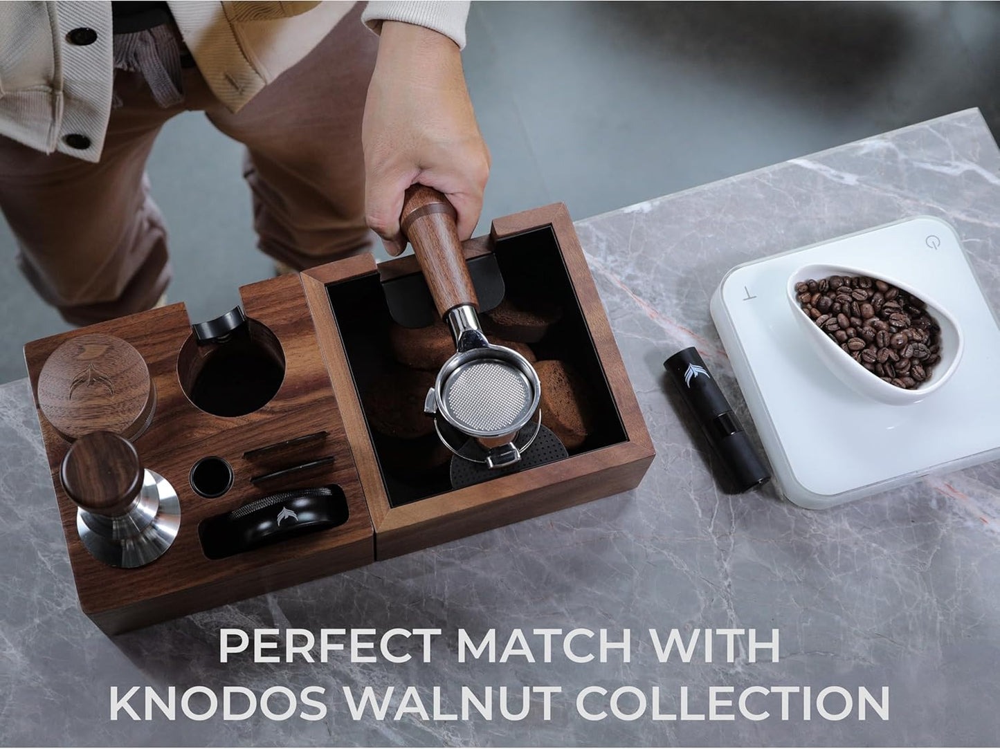 54mm Espresso Tamping Station V3 Walnut Portafilter Holder Espresso Organizer for Breville Machines with Tamper Holder, Distributor Slot, and Multi Accessory Storage